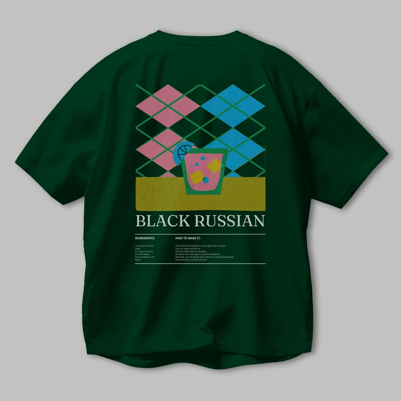 Black Russian Kokteyl Serisi Arka Baskılı Oversize t-shirt Erkek Kadın %100 Pamuk Bisiklet Yaka tişort
