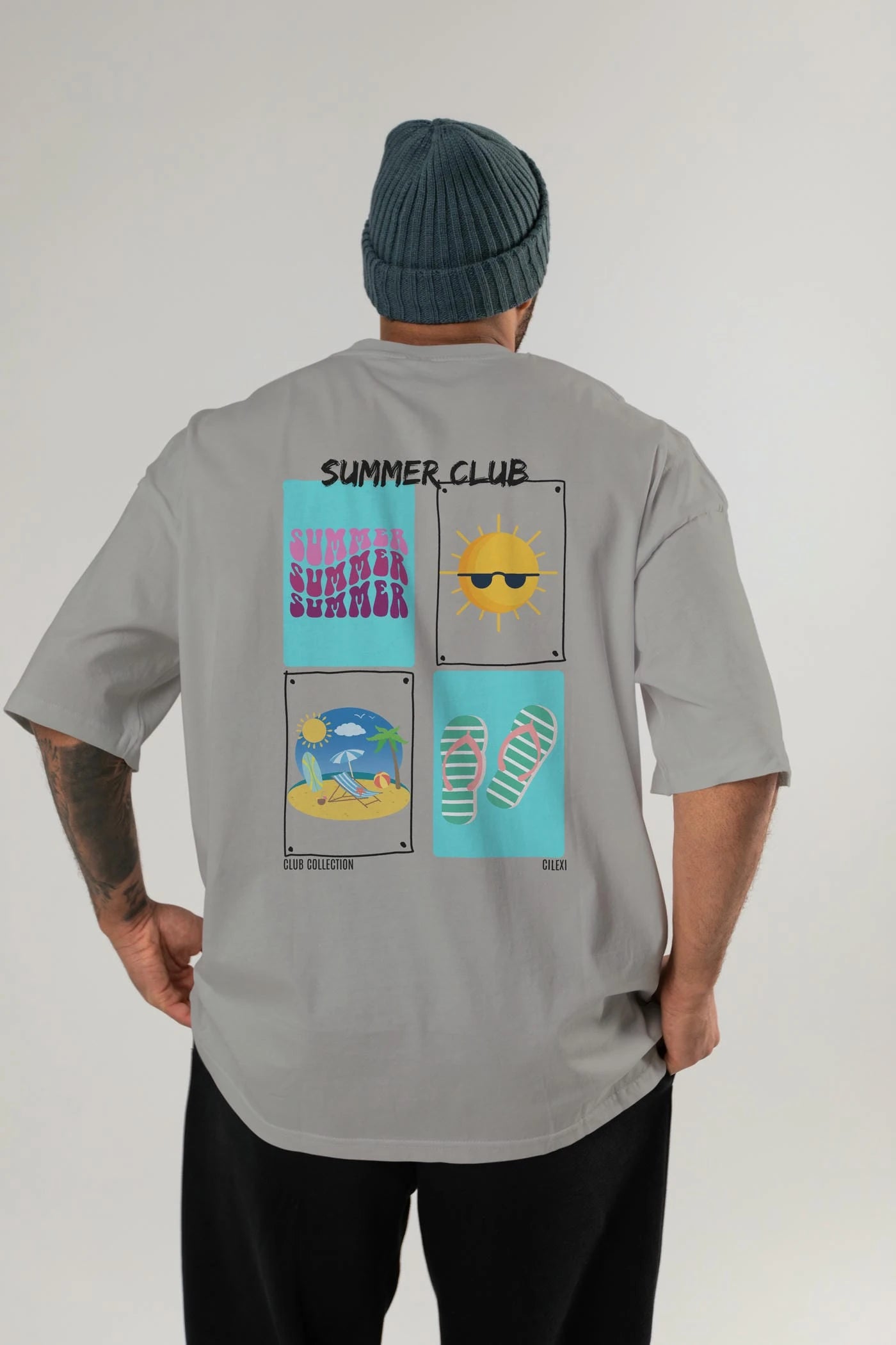 Summer Club Arka Baskılı Oversize t-shirt Erkek Kadın %100 Pamuk Bisiklet Yaka tişort