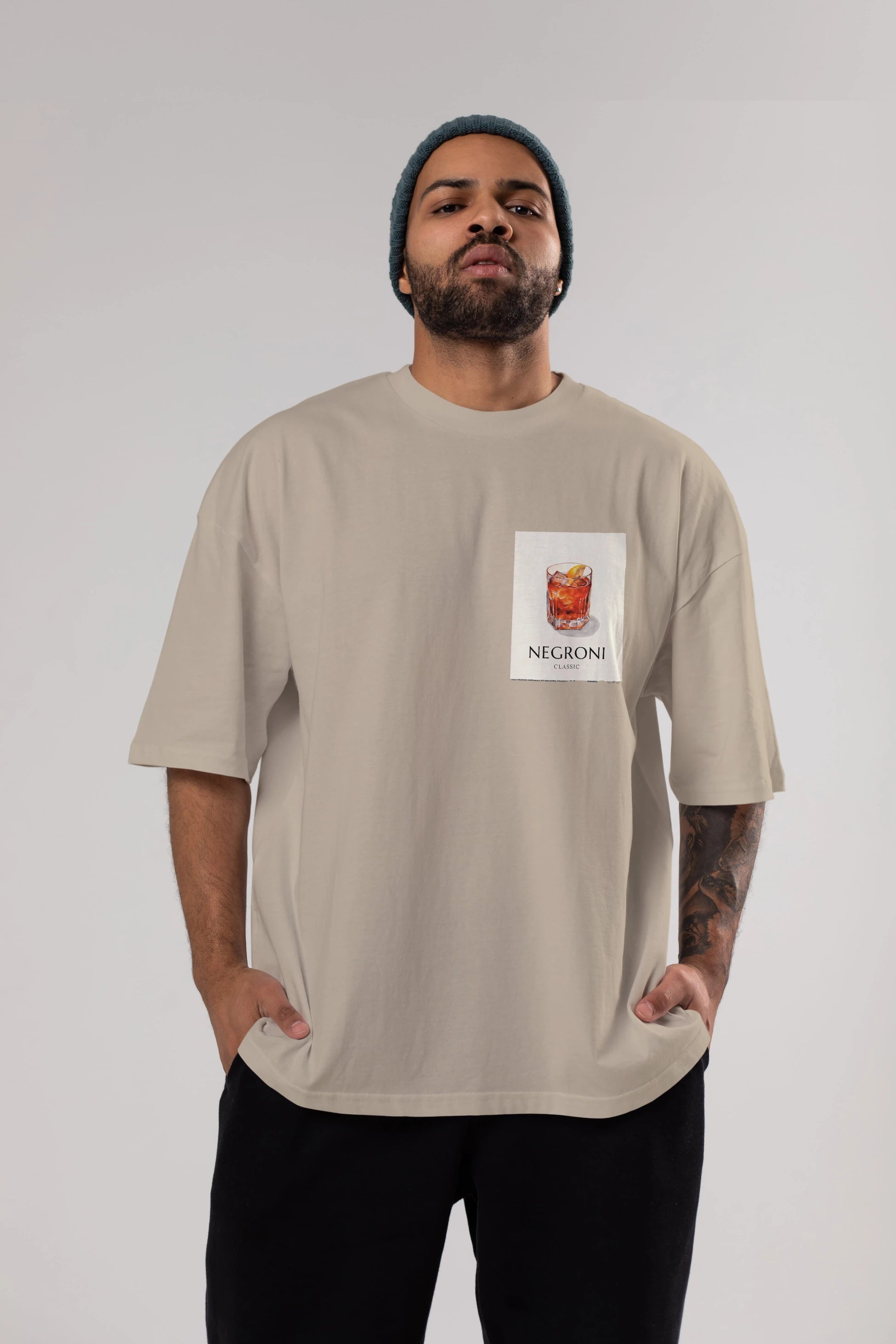 Negroni Classic Ön Sol Baskılı Oversize t-shirt Erkek Kadın Unisex %100 Pamuk Bisiklet Yaka tişort