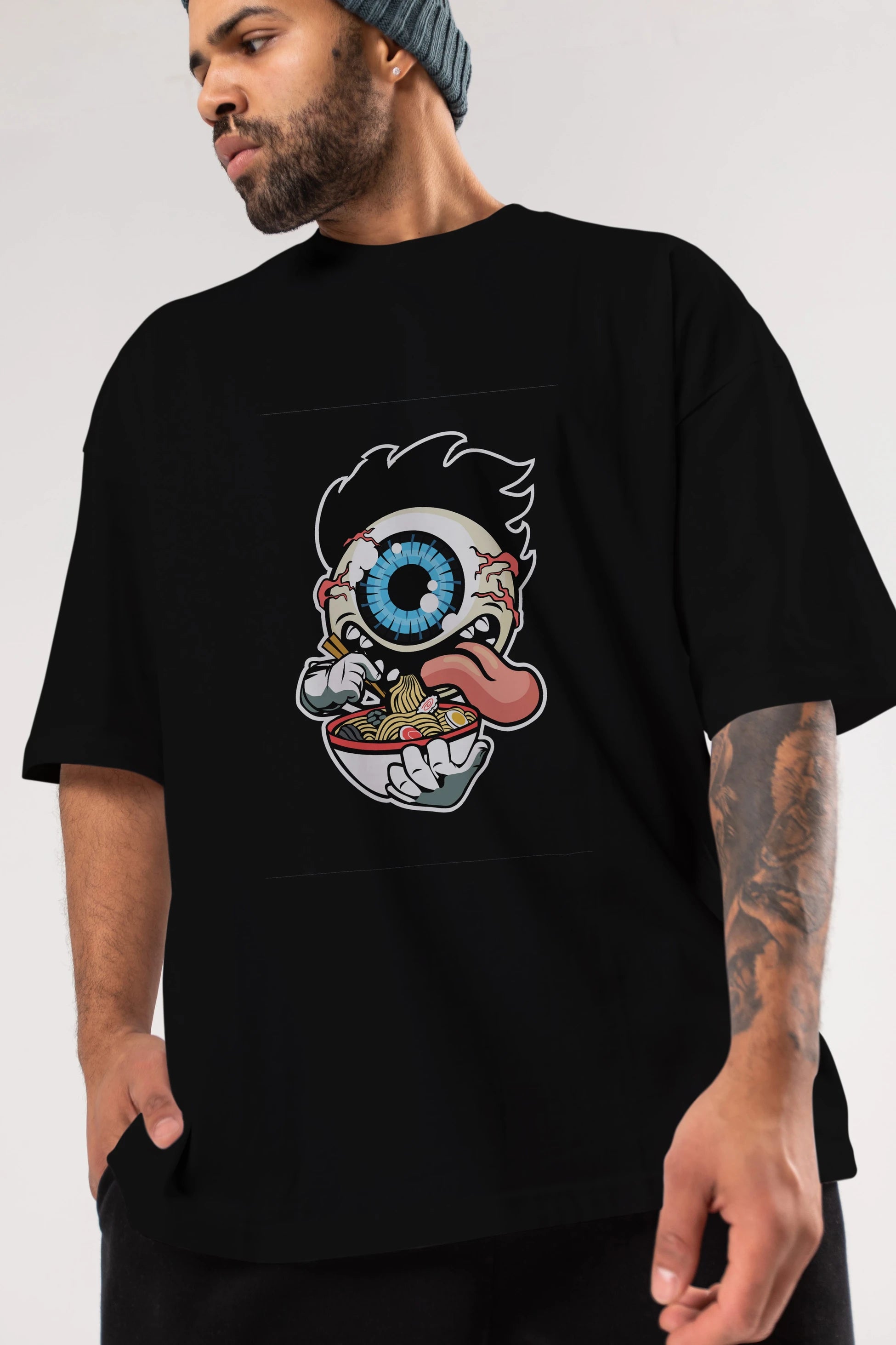 Eyeball Ramen Ön Baskılı Oversize t-shirt Erkek Kadın Unisex %100 Pamuk tişort