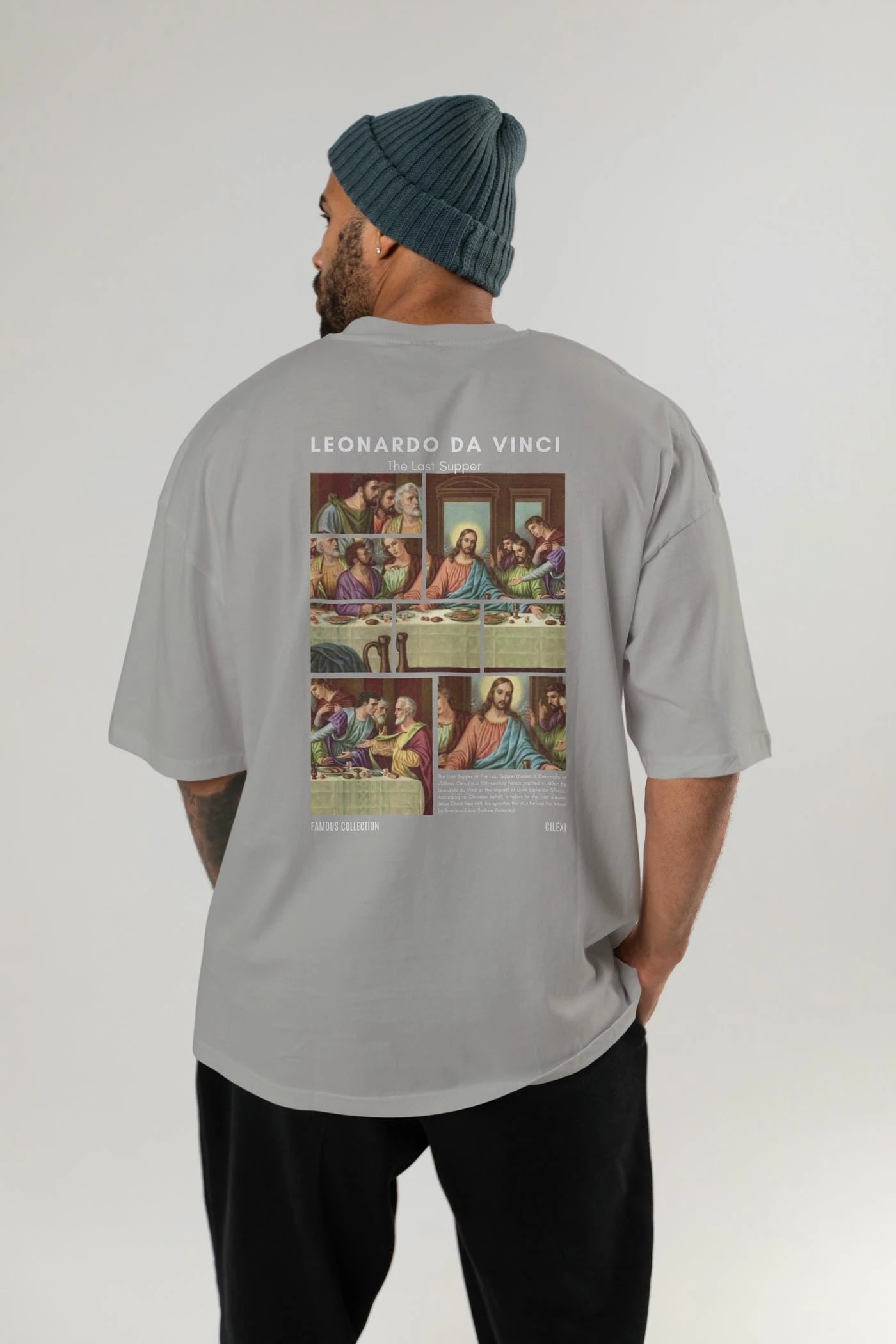Leonardo Da Vinci Arka Baskılı Oversize t-shirt Erkek Kadın Bisiklet Yaka Pamuk tişort