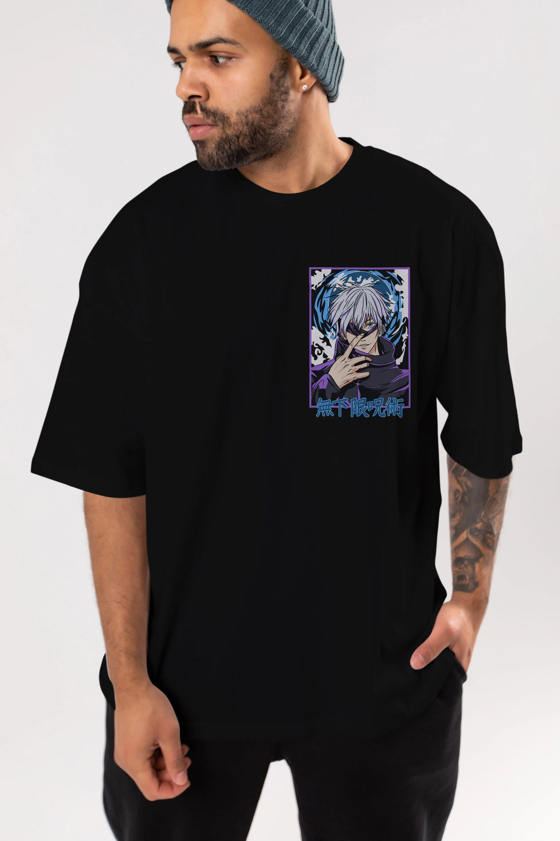 SATORU GOJO 3 Ön Sol Baskılı Oversize t-shirt Erkek Kadın Unisex %100 Pamuk Bisiklet Yaka tişort