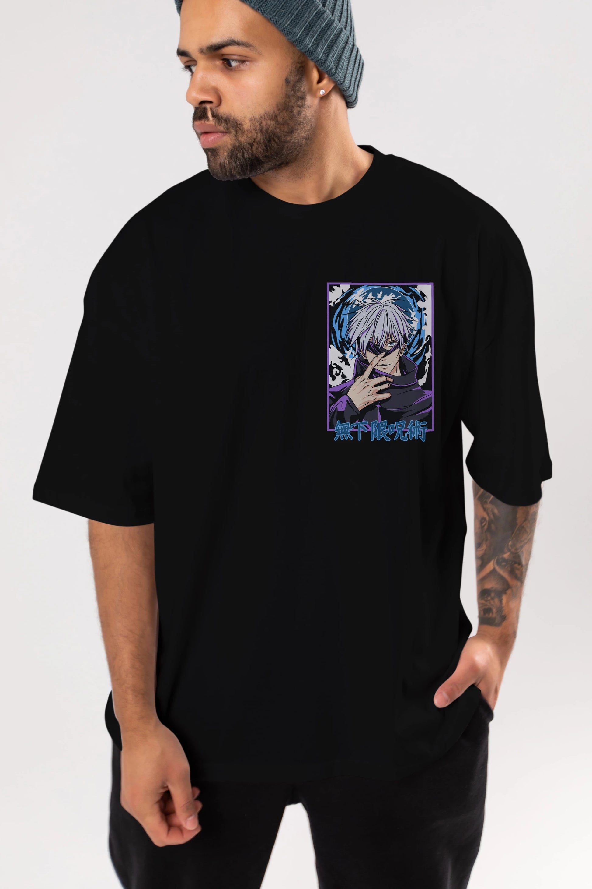 SATORU GOJO 3 Ön Sol Baskılı Oversize t-shirt Erkek Kadın Unisex %100 Pamuk Bisiklet Yaka tişort