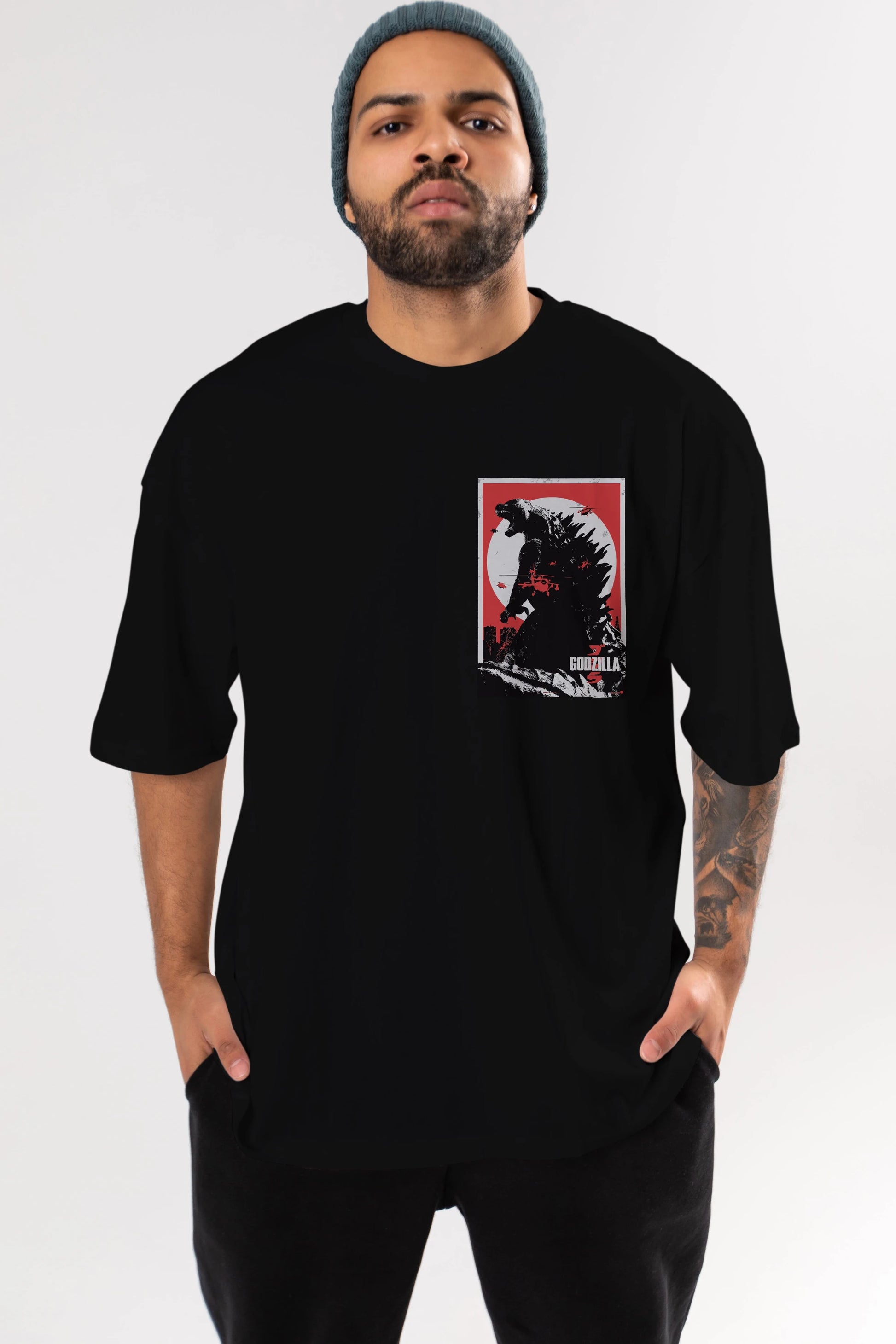Godzilla (2) Ön Sol Baskılı Oversize t-shirt Erkek Kadın Unisex %100 Pamuk Bisiklet Yaka tişort