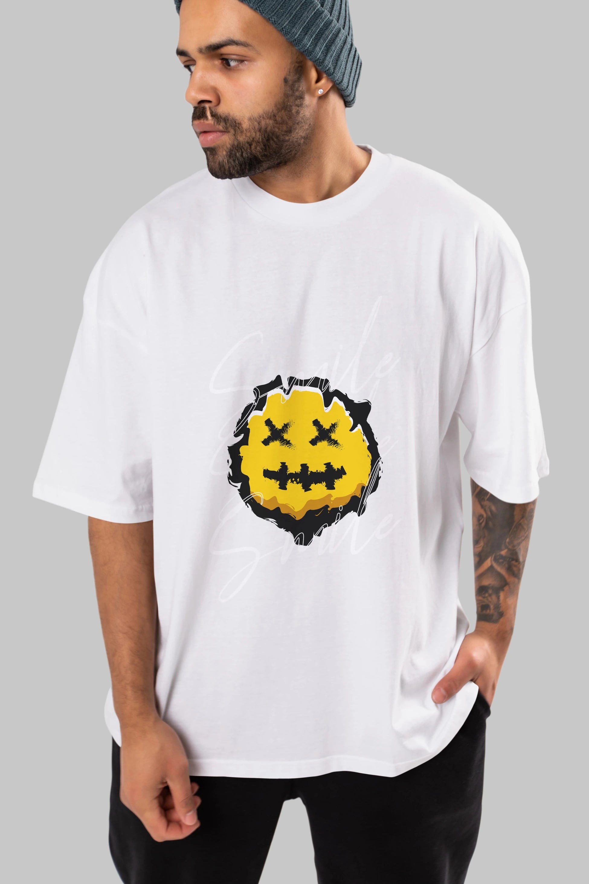 Smile Emoji Ön Baskılı Oversize t-shirt Erkek Kadın Unisex