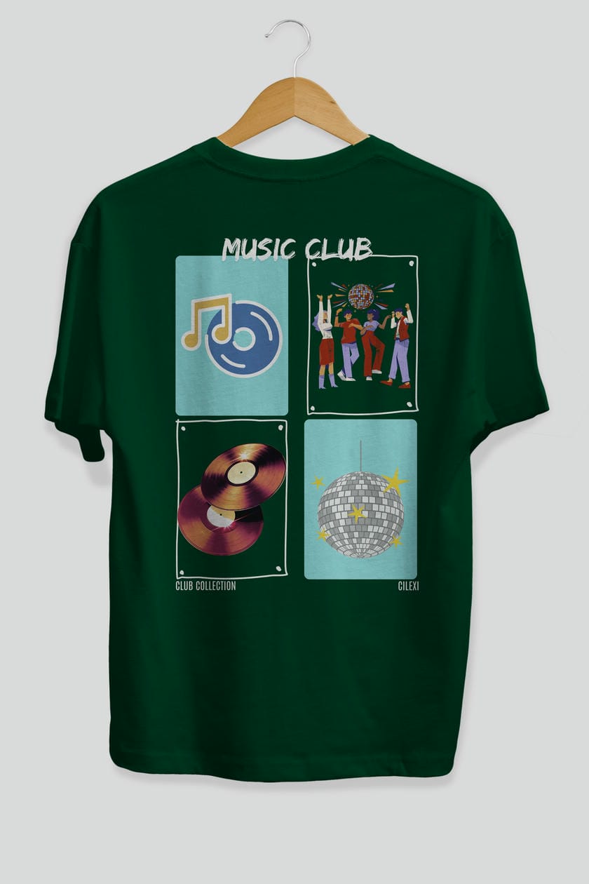 Music Club Arka Baskılı Oversize t-shirt Erkek Kadın %100 Pamuk Bisiklet Yaka tişort