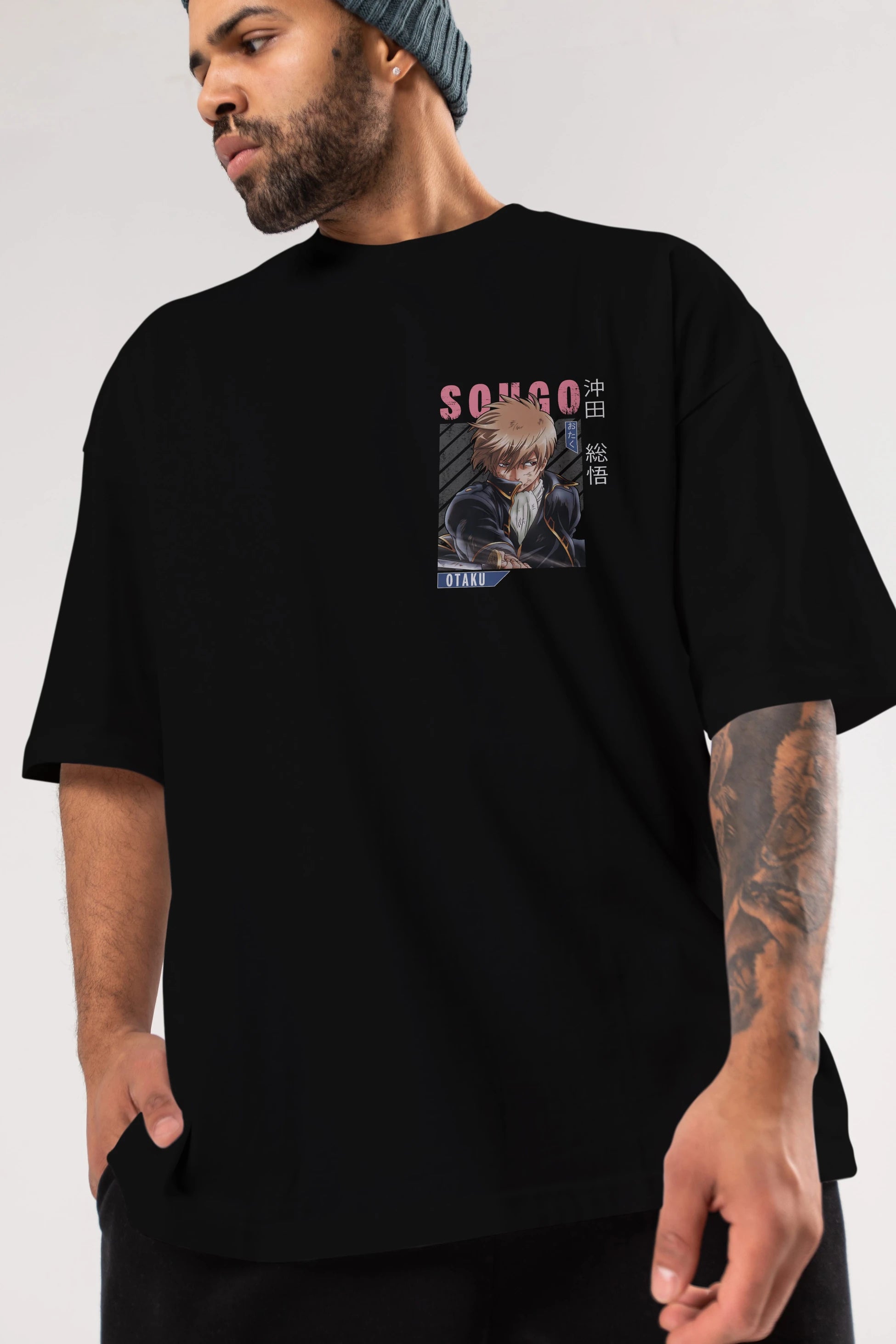 Sougo Okita GINTAMA Ön Sol Baskılı Oversize t-shirt Erkek Kadın Unisex %100 Pamuk Bisiklet Yaka tişort