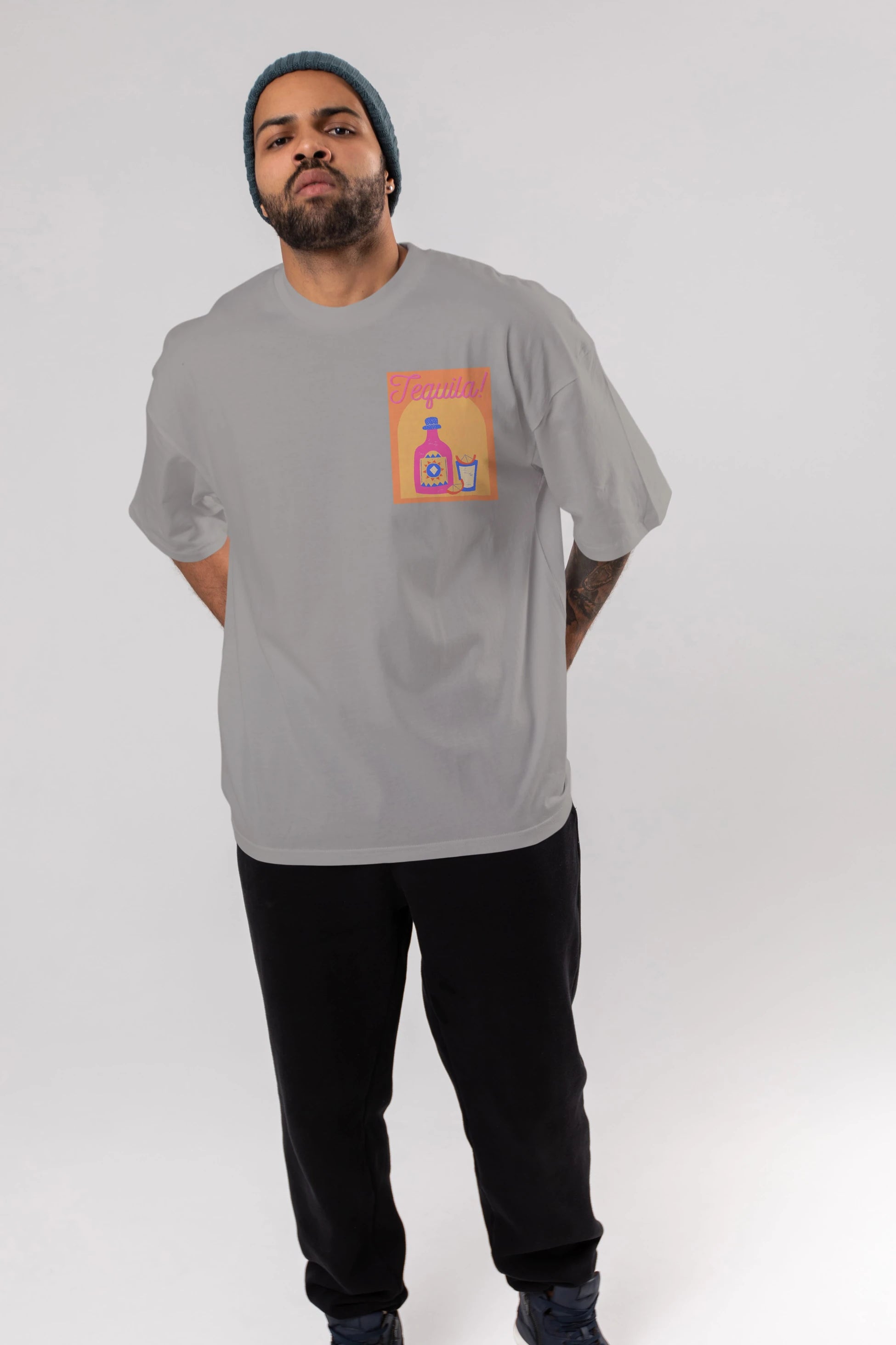 Tequila Ön Sol Baskılı Oversize t-shirt Erkek Kadın Unisex %100 Pamuk Bisiklet Yaka tişort