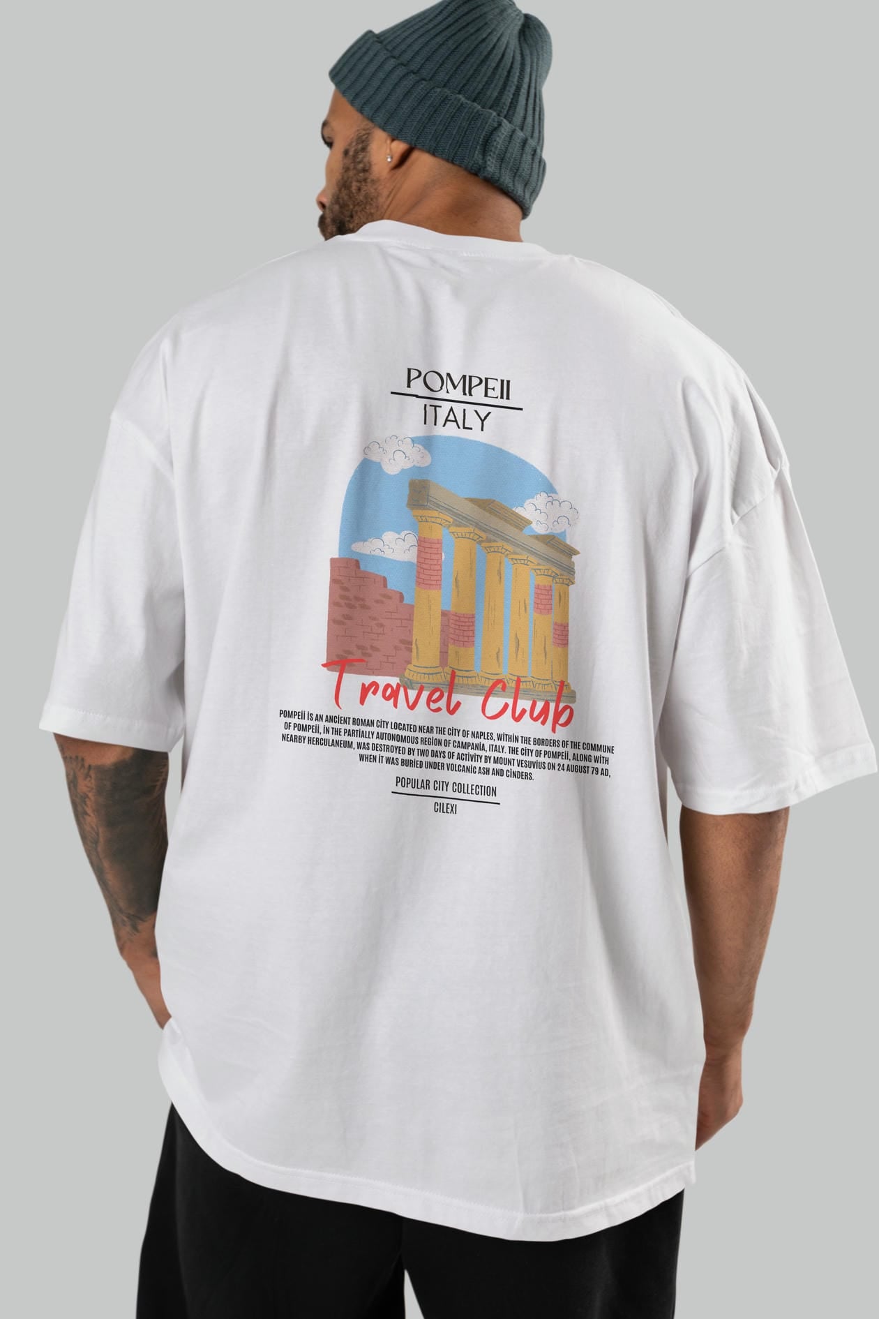 Pompeii İtaly Arka Baskılı Oversize t-shirt Erkek Kadın Pamuk Bisiklet Yaka tişort