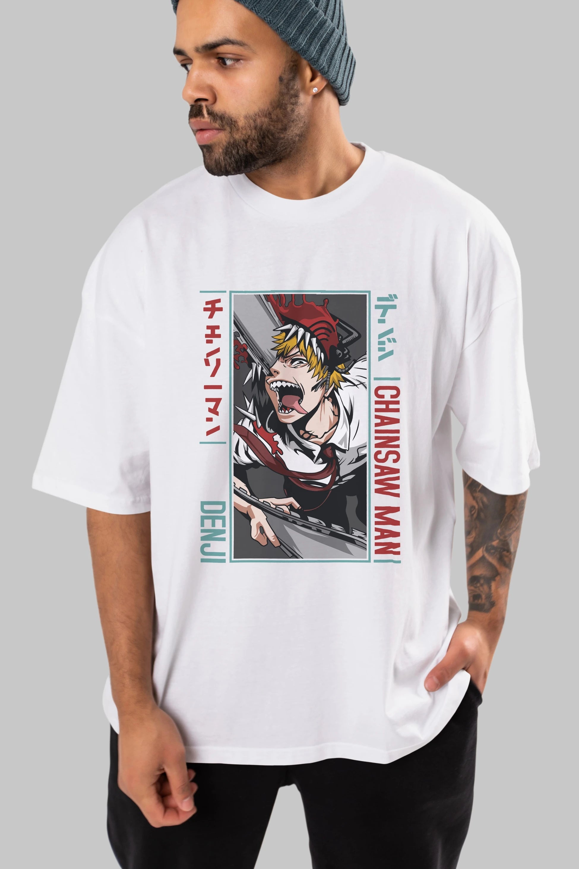 Denji Chainsaw Man Anime Ön Baskılı Oversize t-shirt %100 pamuk Erkek Kadın Unisex