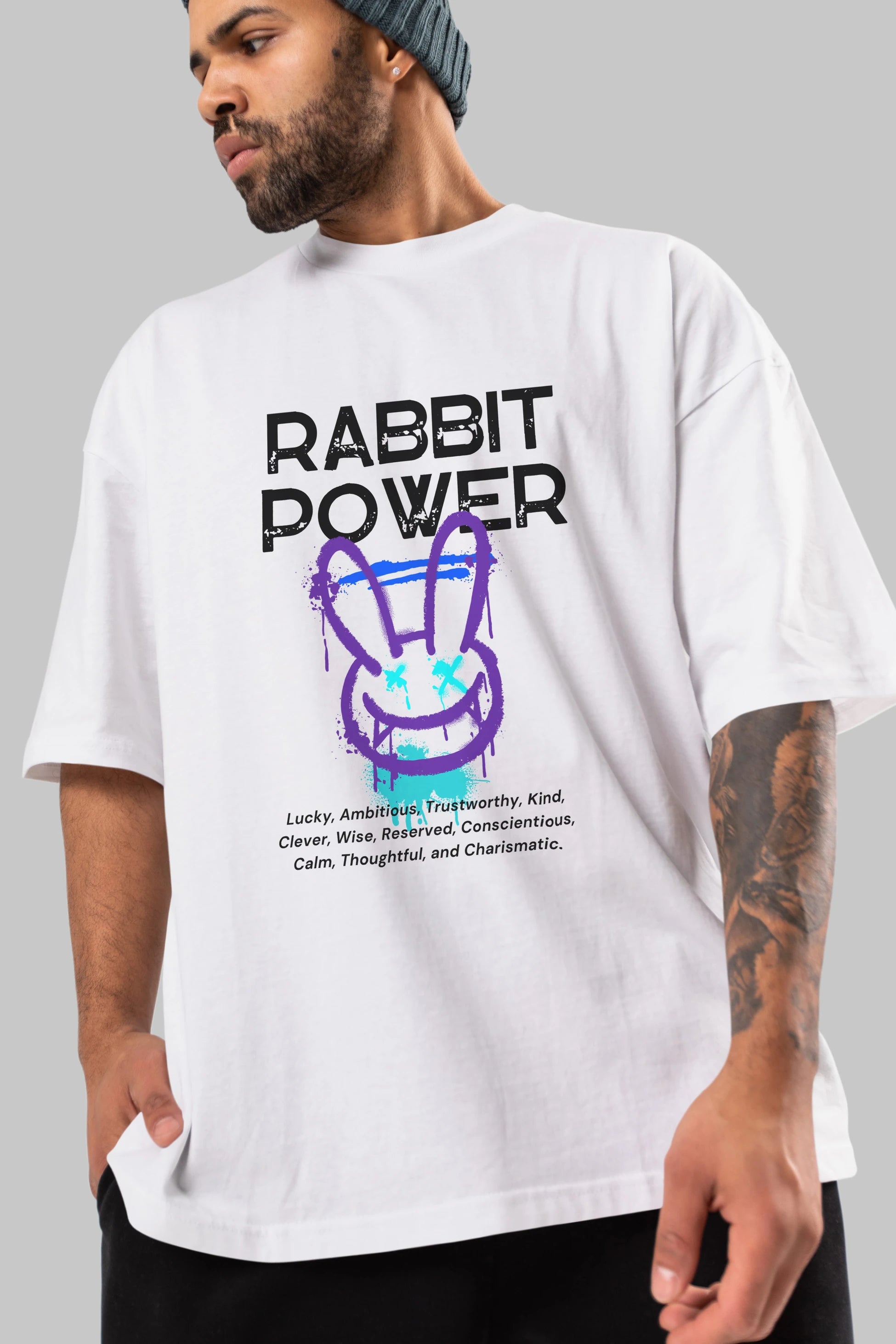Rabbit Power Yazılı Ön Baskılı Oversize t-shirt Erkek Kadın Unisex