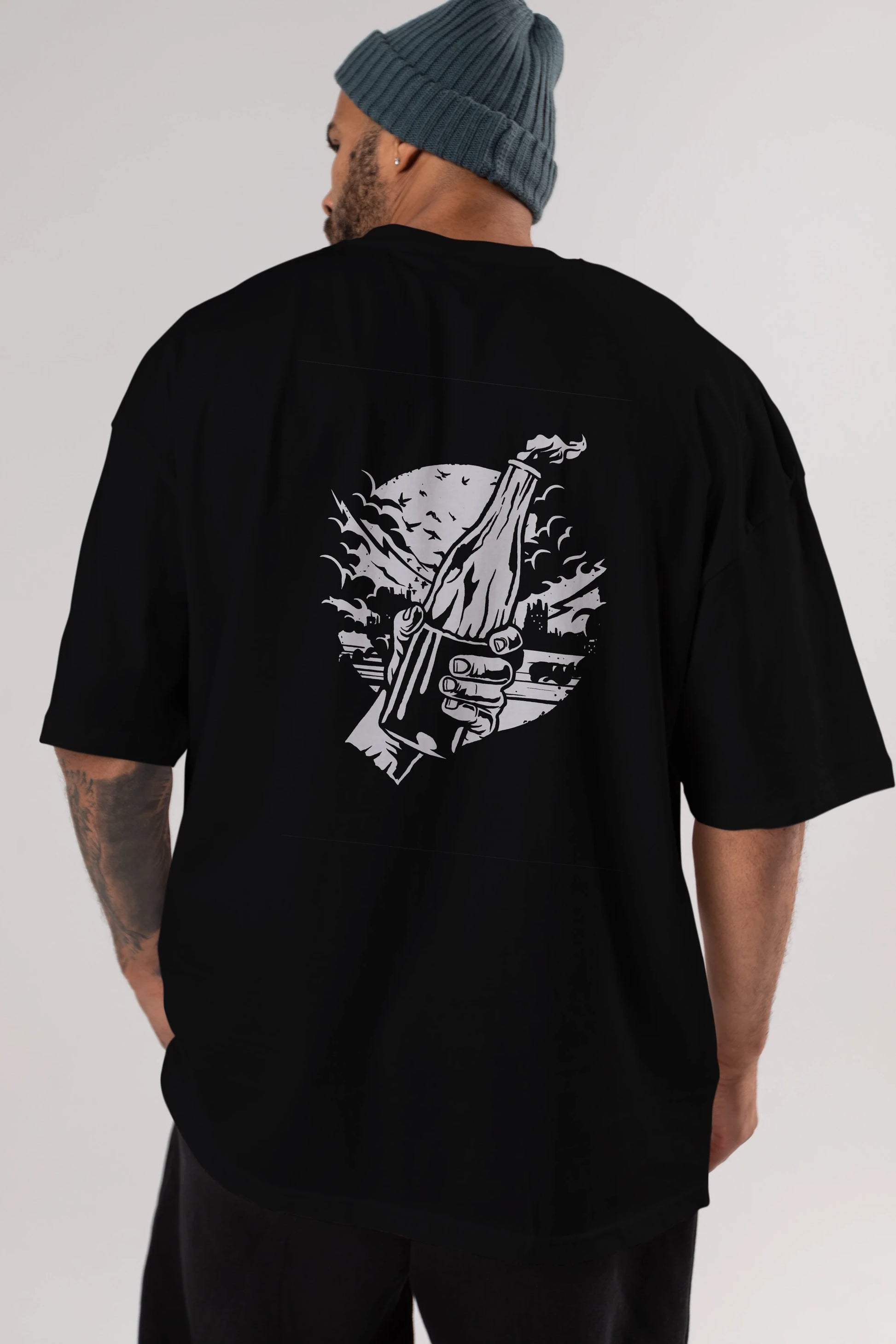 Molotov Cocktail Arka Baskılı Oversize t-shirt Erkek Kadın Unisex %100 Pamuk