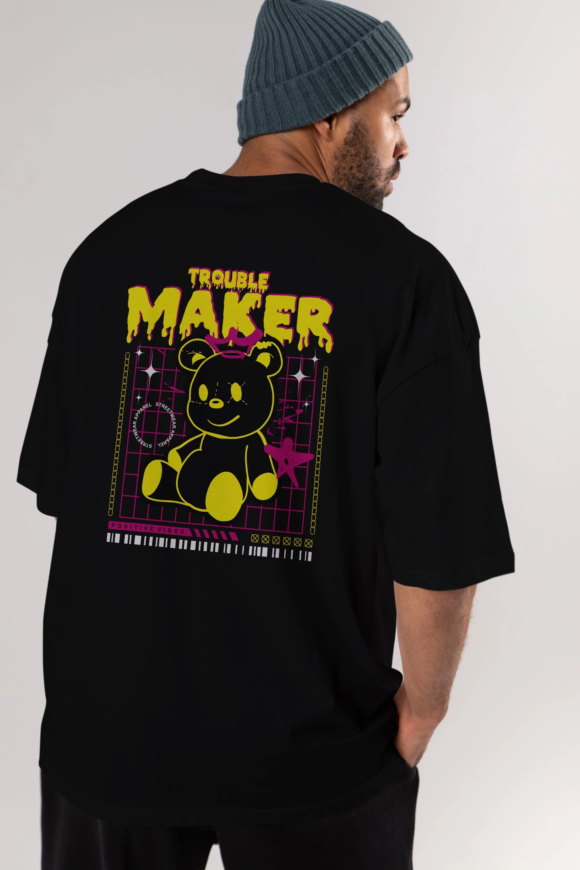 Teddy Bear Trouble Maker Arka Baskılı Oversize t-shirt Erkek Kadın Unisex