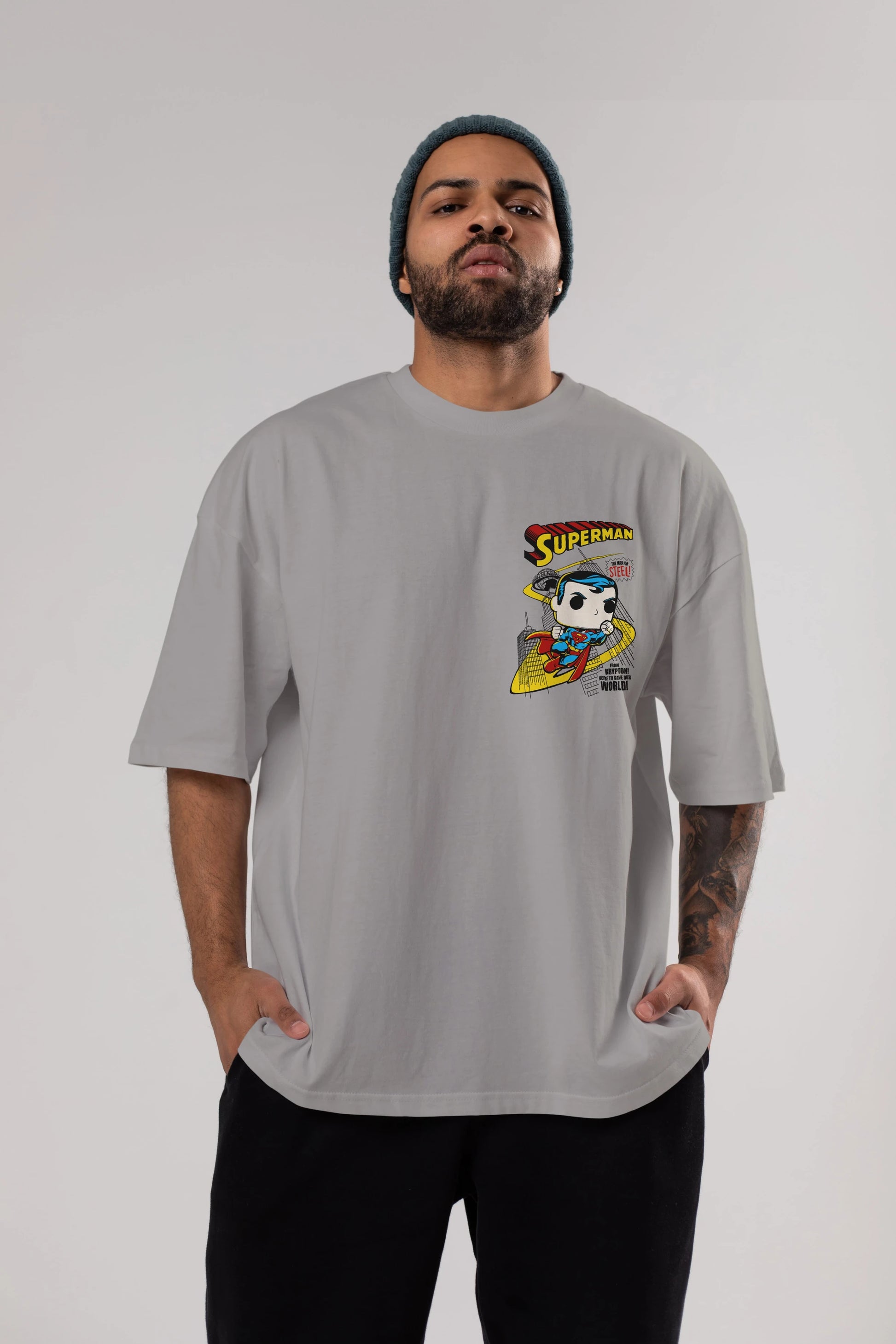 Superman (2) Ön Sol Baskılı Oversize t-shirt Erkek Kadın Unisex %100 Pamuk Bisiklet Yaka tişort