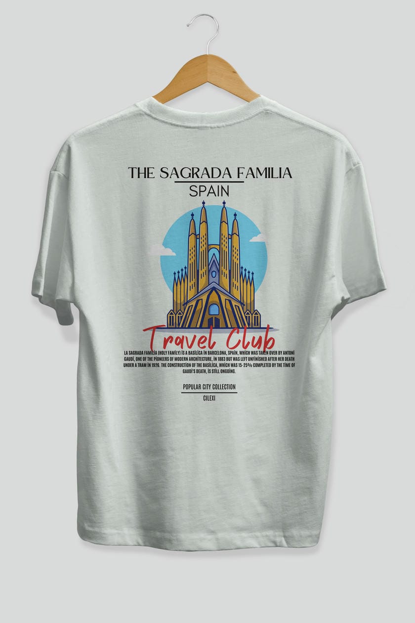 The Sagrada Familia Spain Arka Baskılı Oversize t-shirt Erkek Kadın Pamuk Bisiklet Yaka tişort