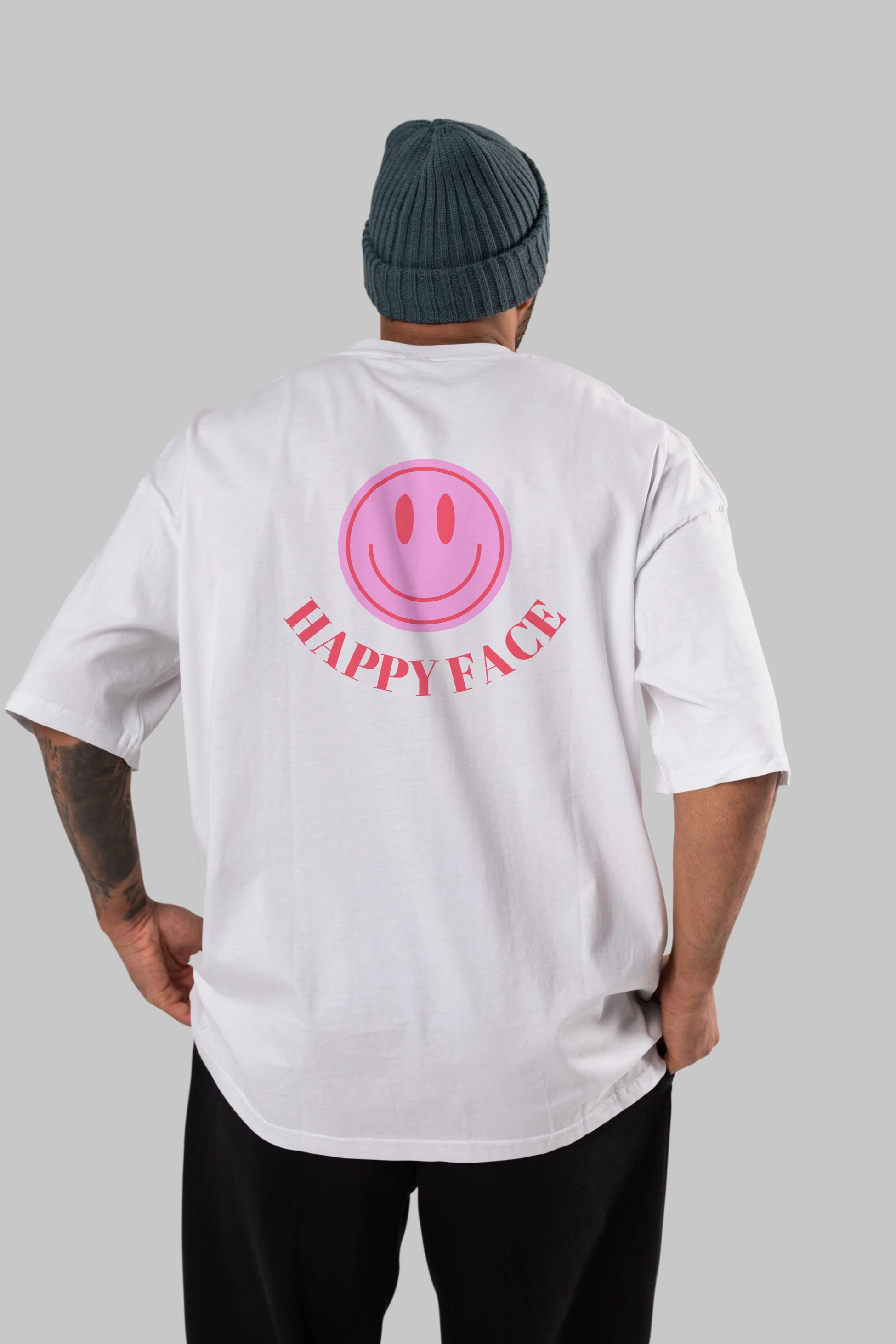 Happy Face Yazılı Arka Baskılı Oversize t-shirt Erkek Kadın Unisex