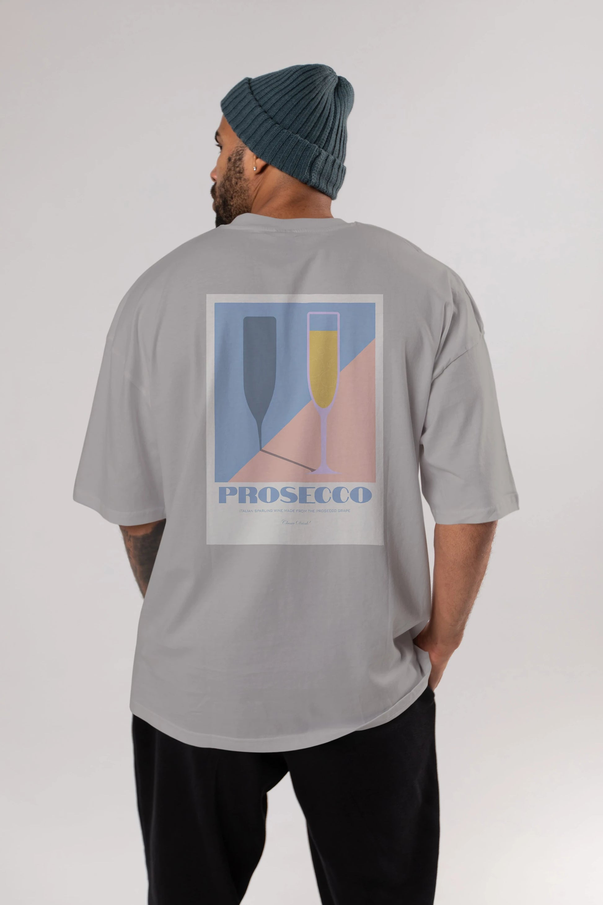 Prosecco Arka Baskılı Oversize t-shirt Erkek Kadın Unisex %100 Pamuk Bisiklet Yaka tişort