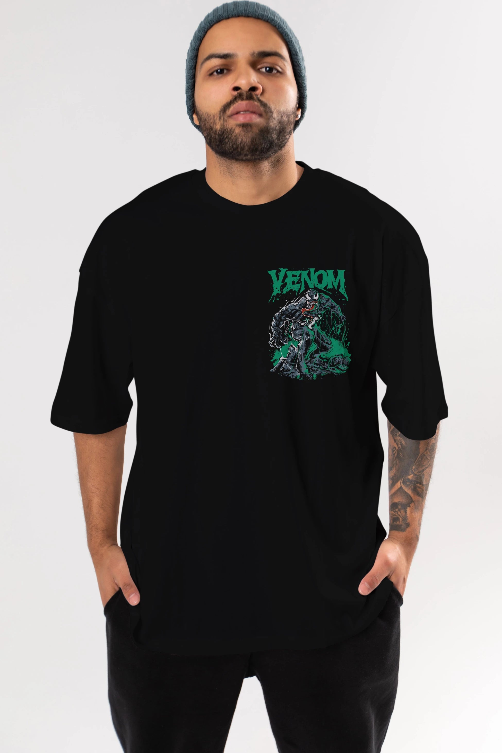 Venom (3) Ön Sol Baskılı Oversize t-shirt Erkek Kadın Unisex %100 Pamuk Bisiklet Yaka tişort