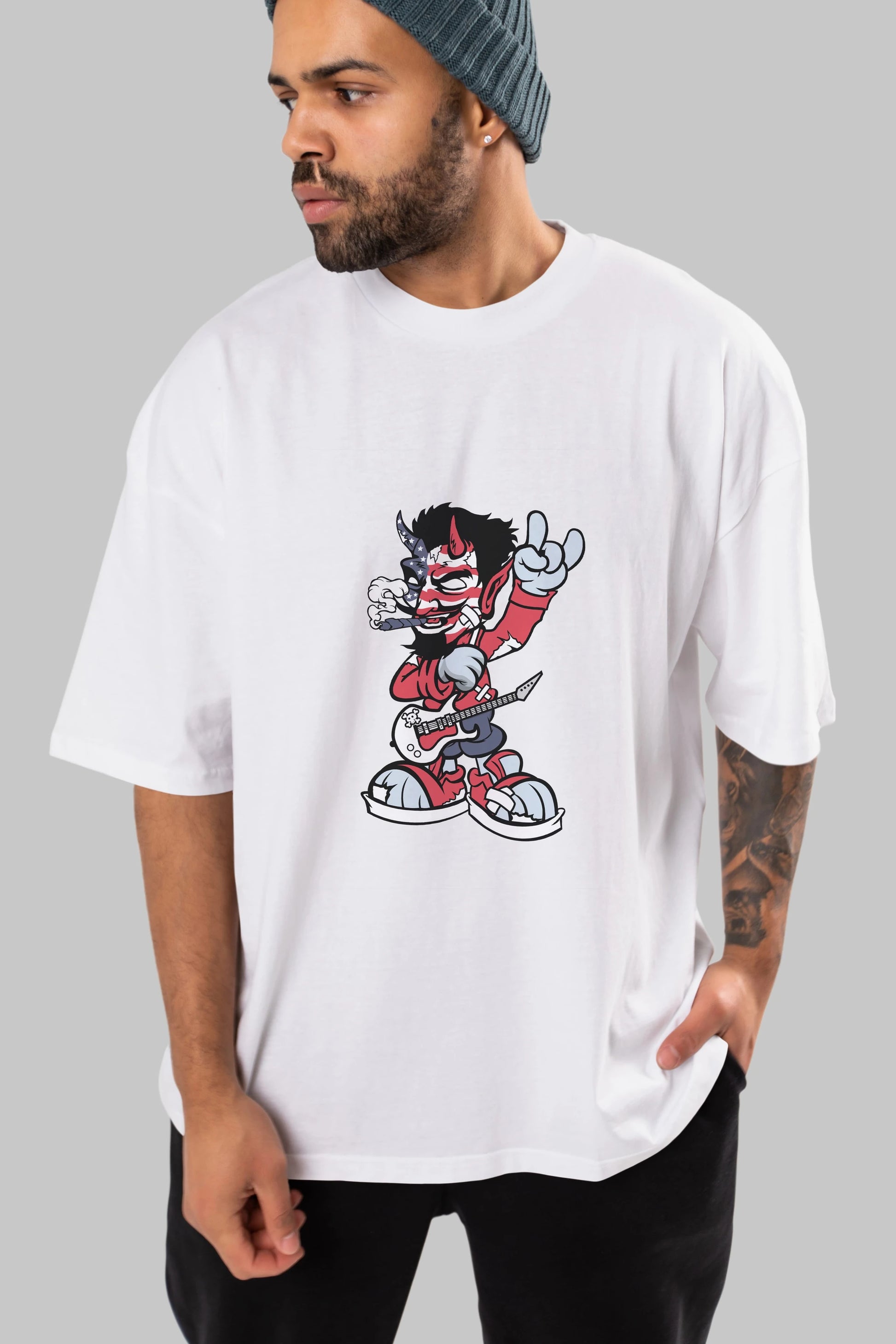 American Devil Rockstar Ön Baskılı Oversize t-shirt Erkek Kadın Unisex %100 Pamuk tişort