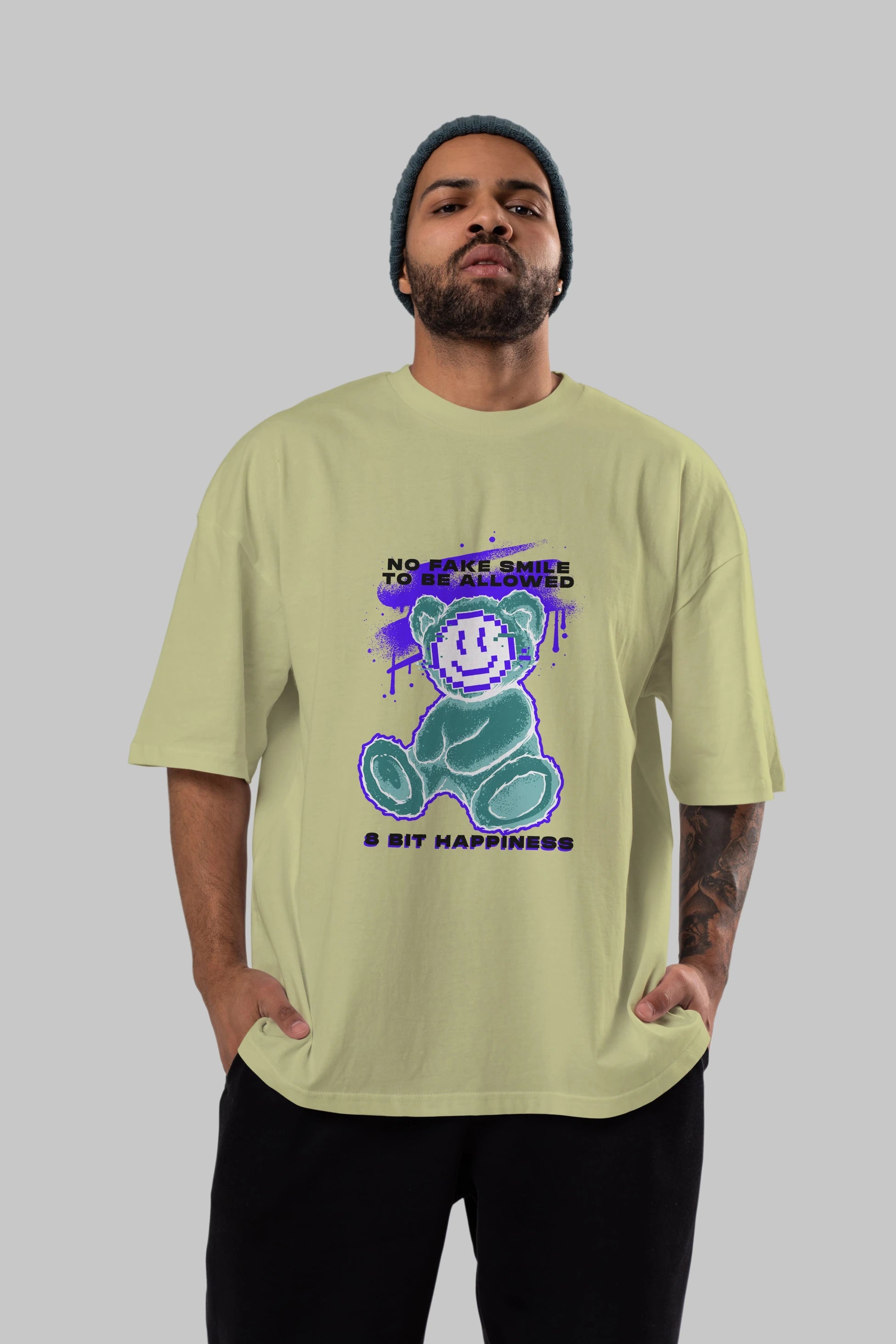 No Fake Smile Bear Ön Baskılı Oversize t-shirt Erkek Kadın Unisex