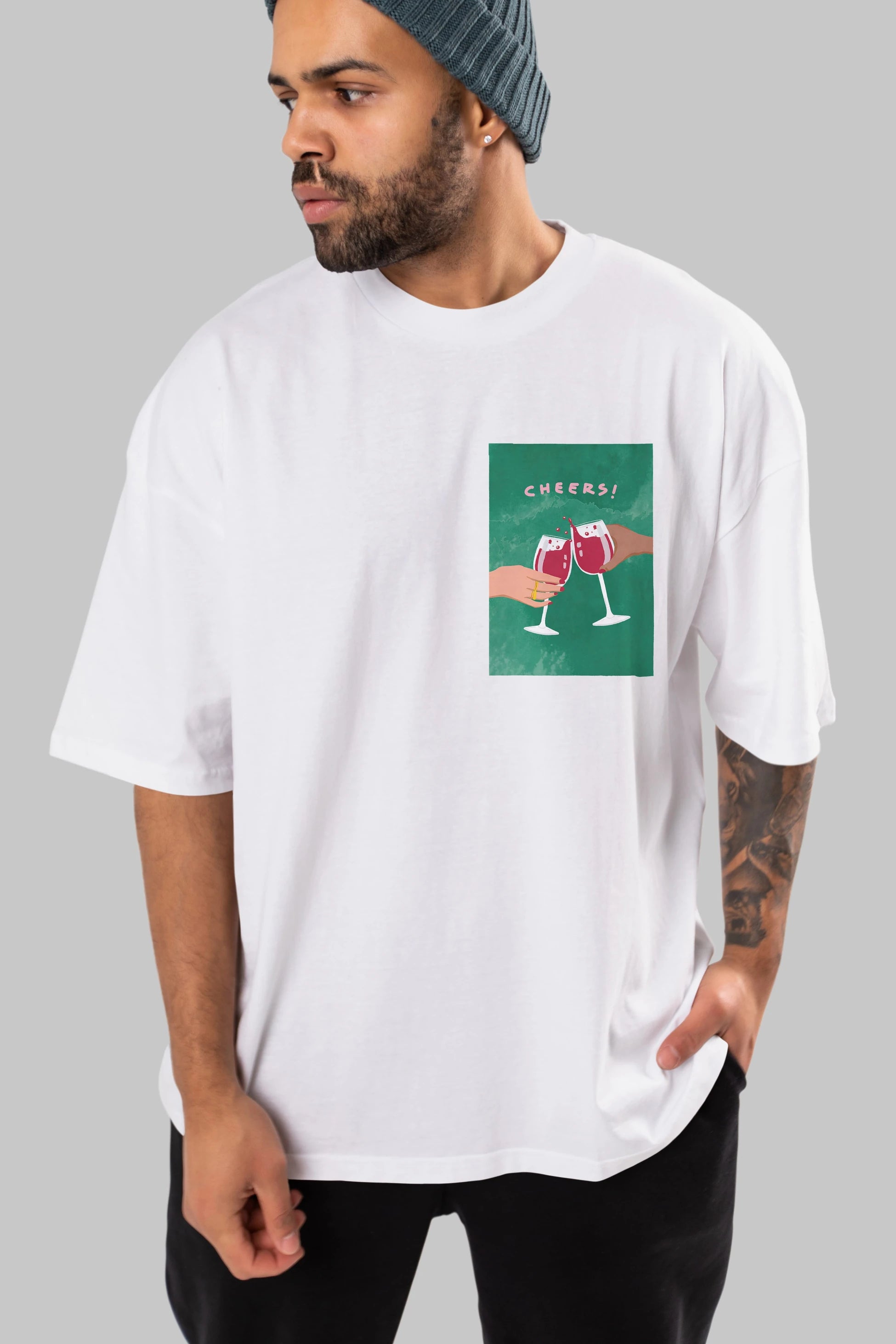 Cheers Ön Sol Baskılı Oversize t-shirt Erkek Kadın Unisex %100 Pamuk Bisiklet Yaka tişort