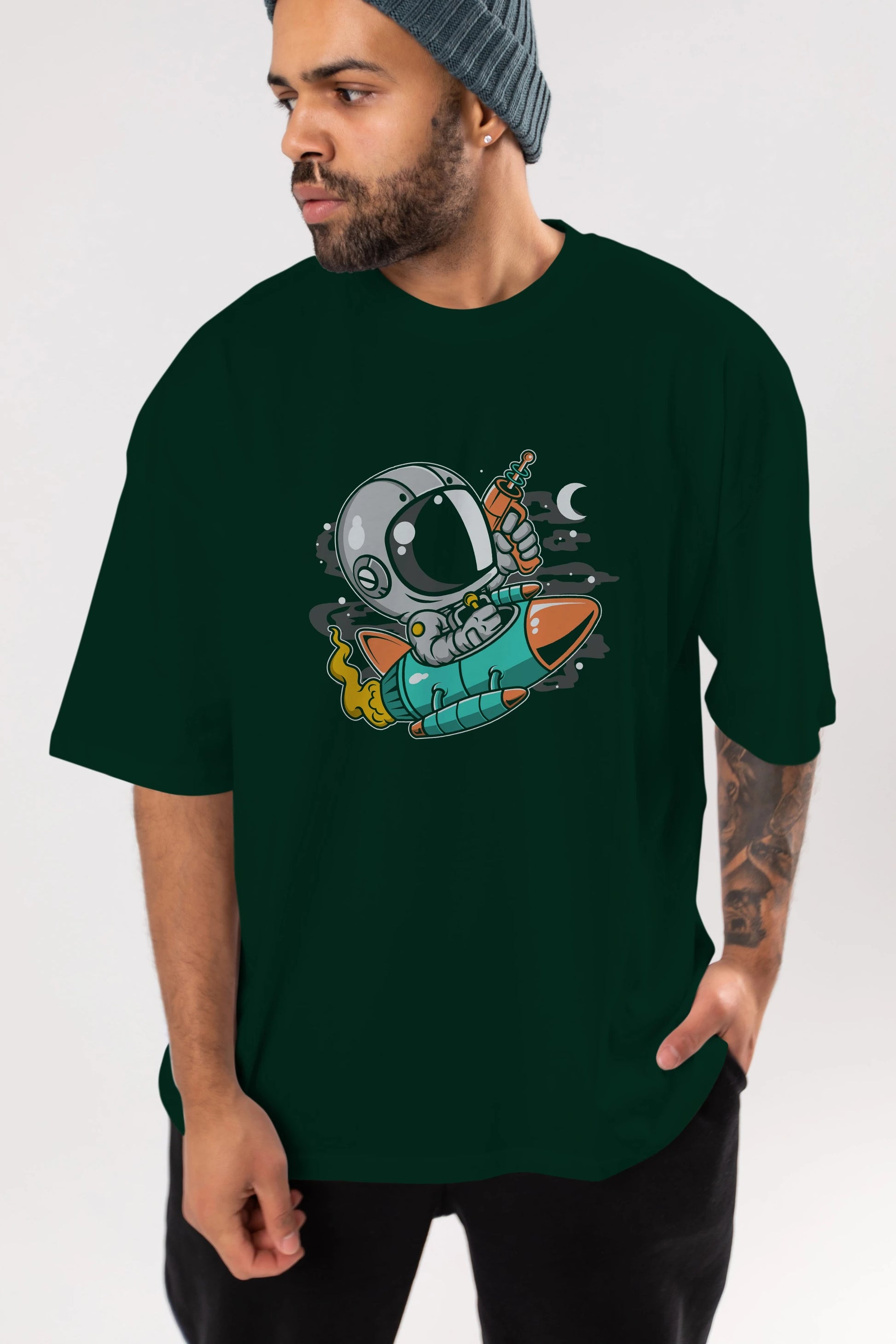 Astronaut Riding Rocket Ön Baskılı Oversize t-shirt Erkek Kadın Unisex