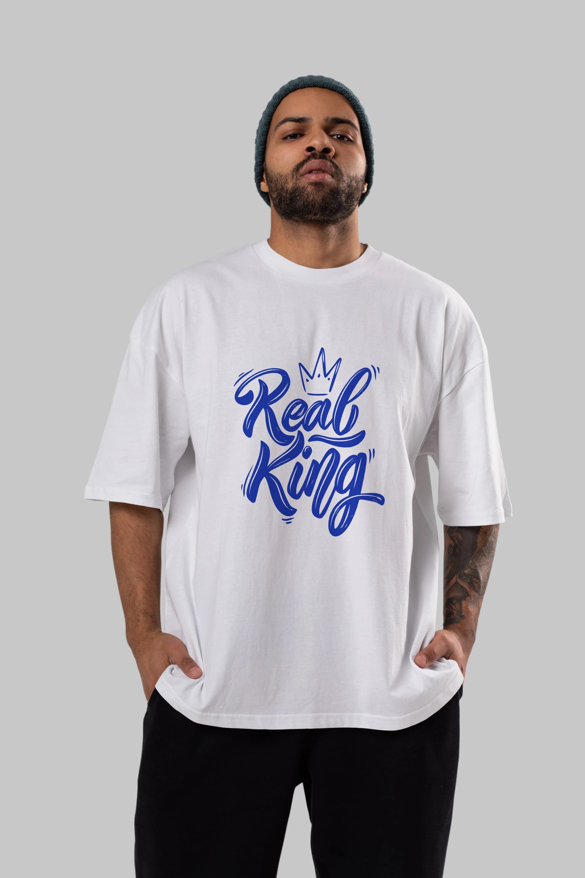 Real King Yazılı Ön Baskılı Oversize t-shirt Erkek Kadın Unisex