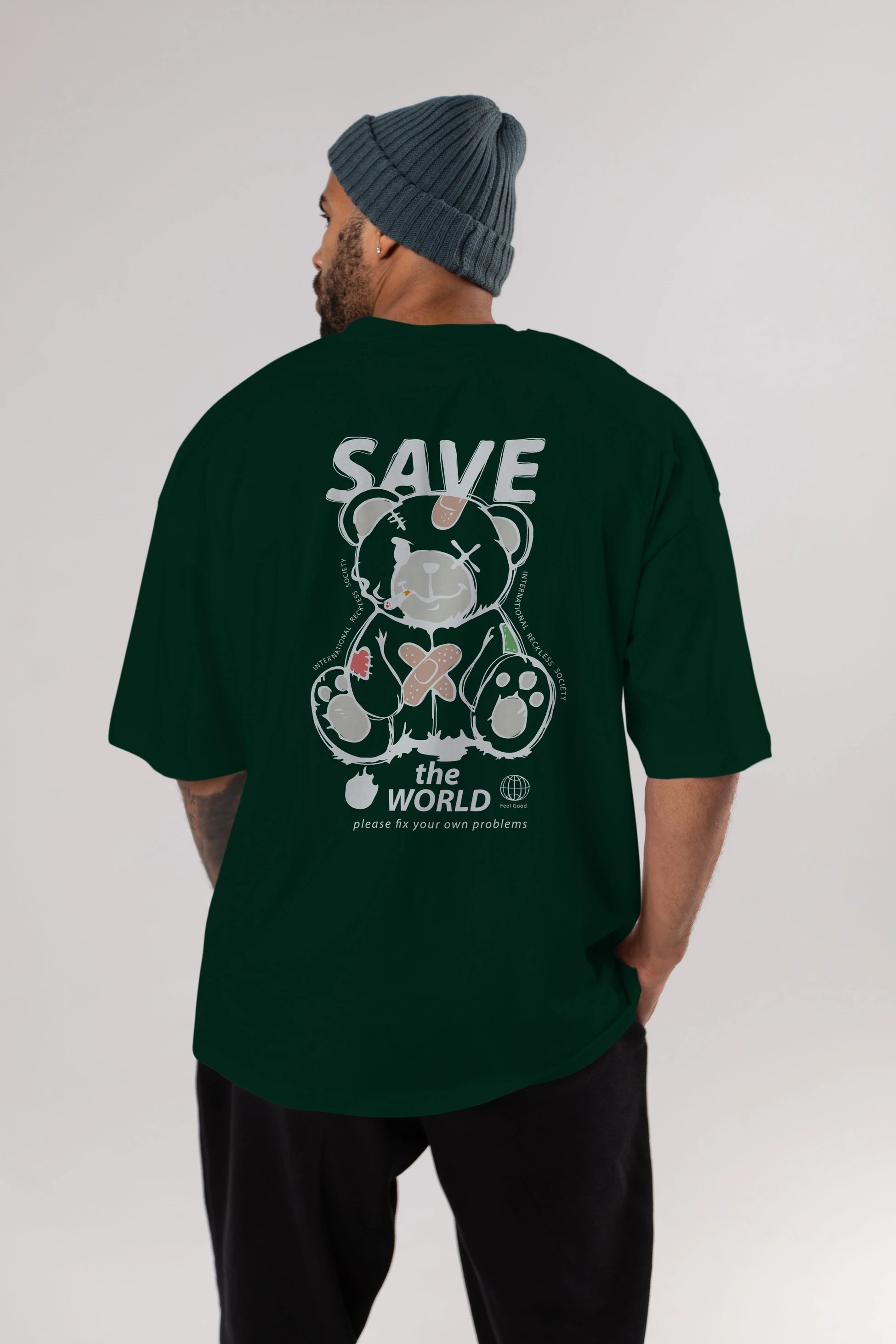 Save the World Bear Arka Baskılı Oversize t-shirt Erkek Kadın Unisex