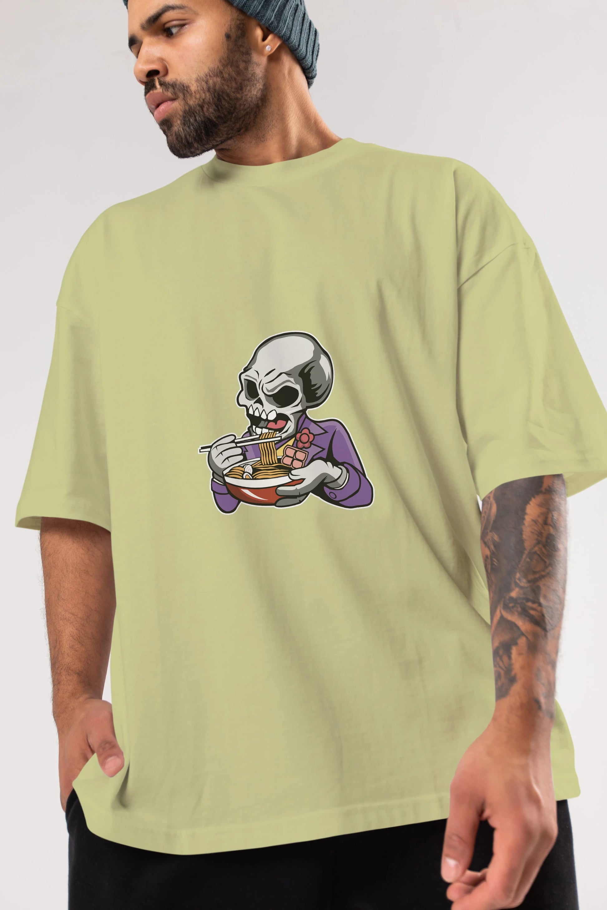 Skull Ramen Ön Baskılı Oversize t-shirt Erkek Kadın Unisex %100 Pamuk tişort