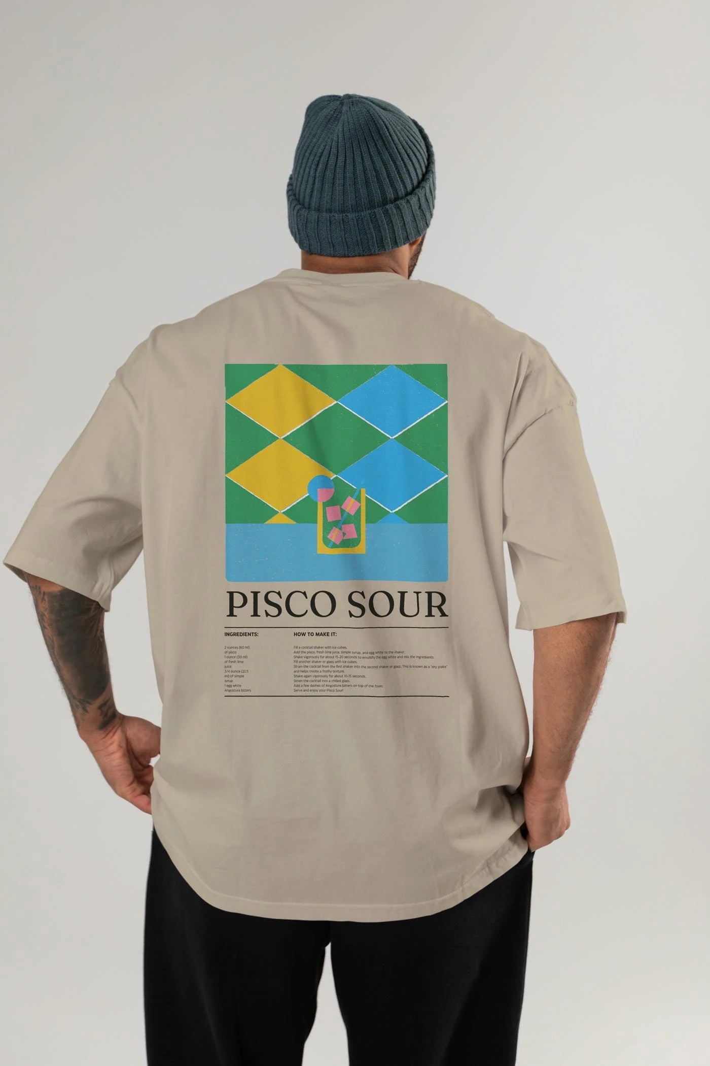 Pisco Sour Kokteyl Serisi Arka Baskılı Oversize t-shirt Erkek Kadın %100 Pamuk Bisiklet Yaka tişort