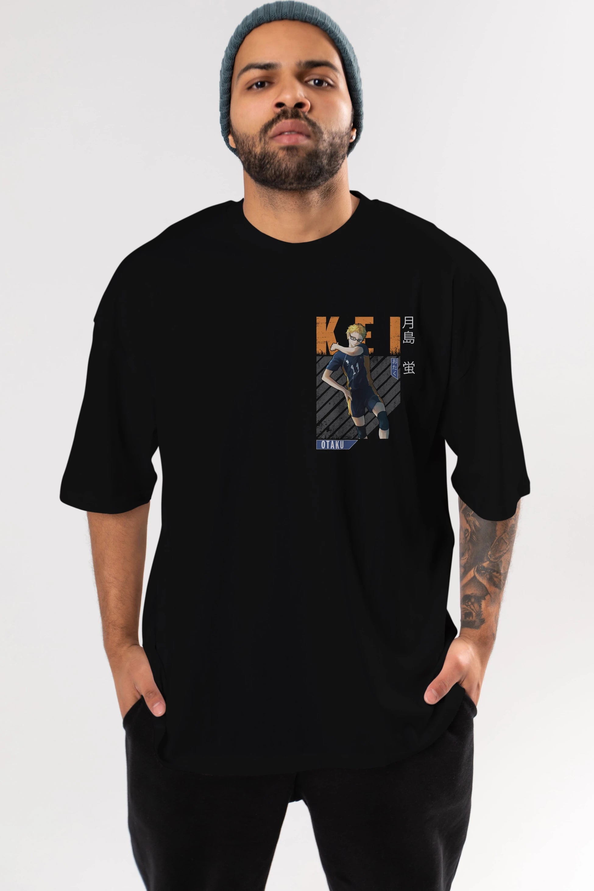 Kei Tsukishima 2 Ön Sol Baskılı Oversize t-shirt Erkek Kadın Unisex %100 Pamuk Bisiklet Yaka tişort