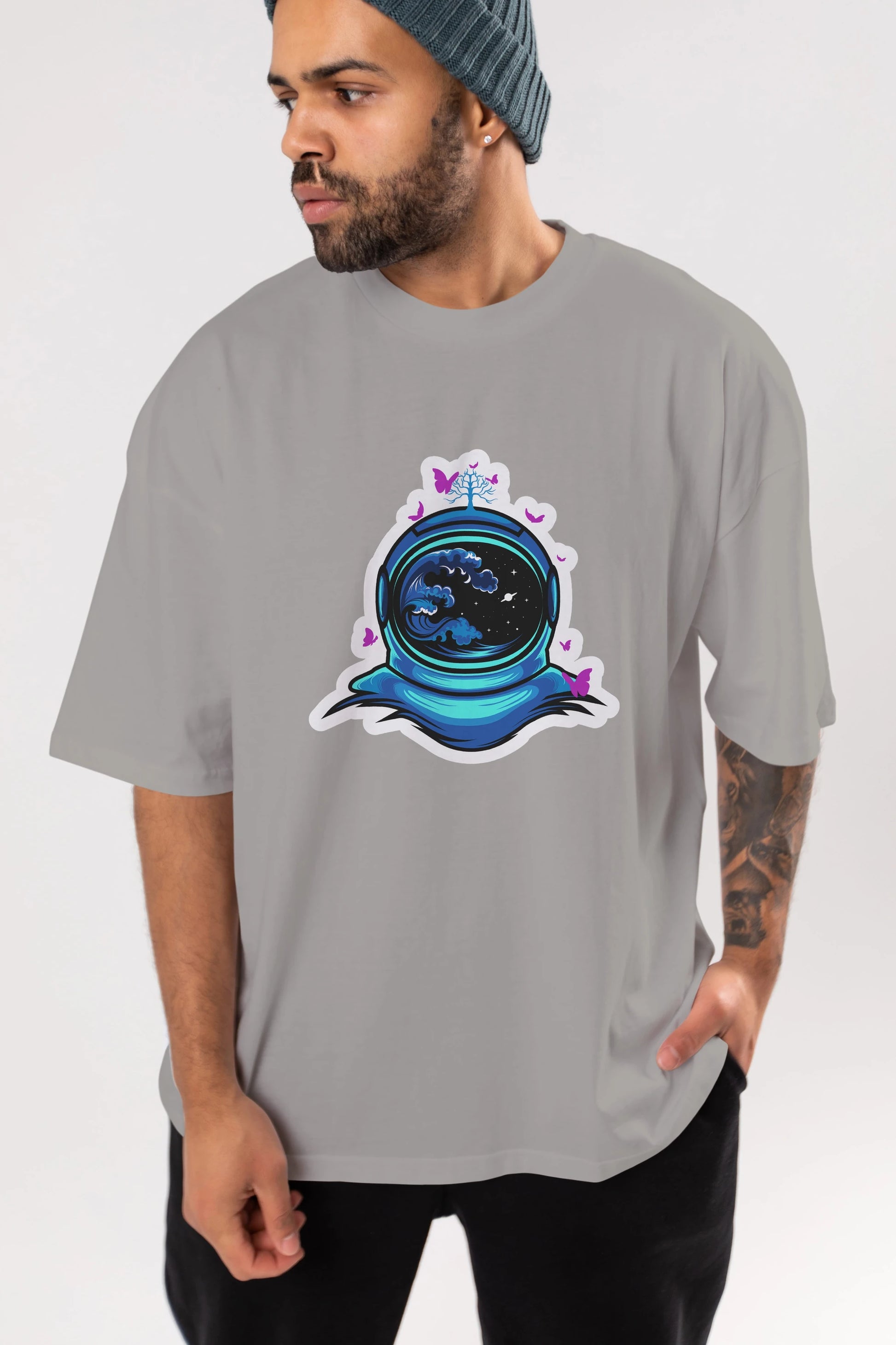 Astronaut and Butterfly Sticker Ön Baskılı Oversize t-shirt Erkek Kadın Unisex