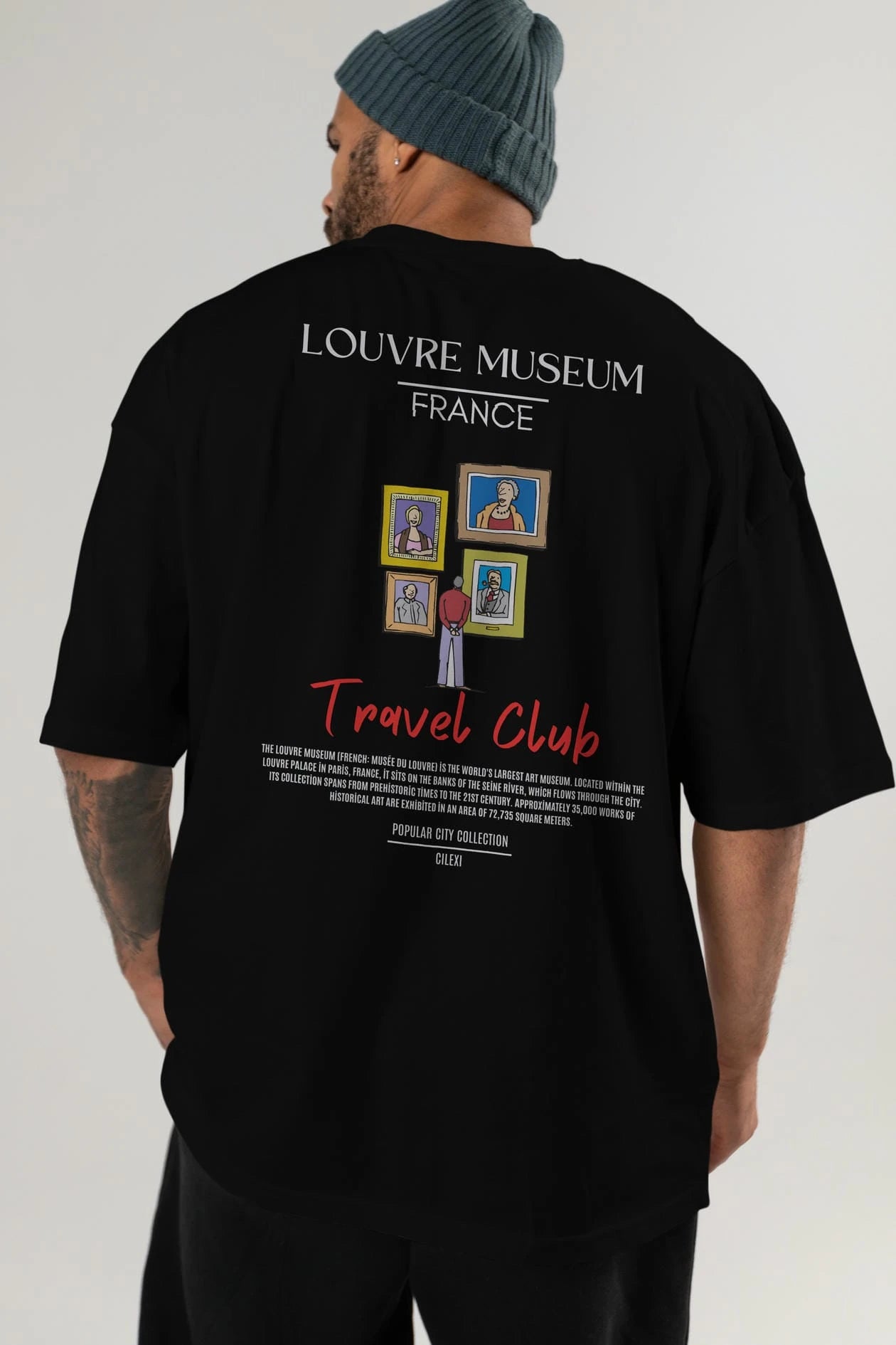 Louvre Museum France Arka Baskılı Oversize t-shirt Erkek Kadın Pamuk Bisiklet Yaka tişort