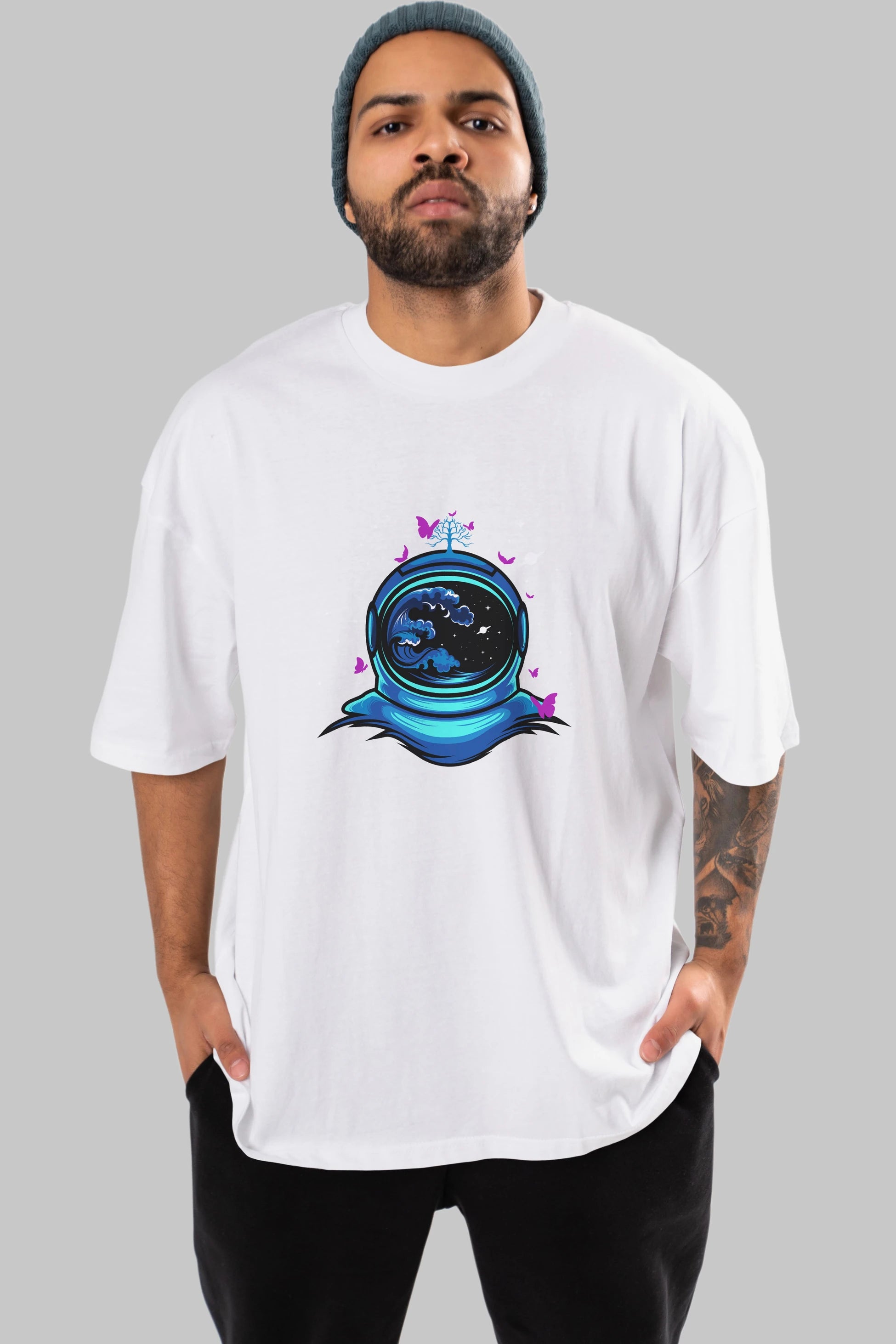 Astronaut and Butterfly Ön Baskılı Oversize t-shirt Erkek Kadın Unisex