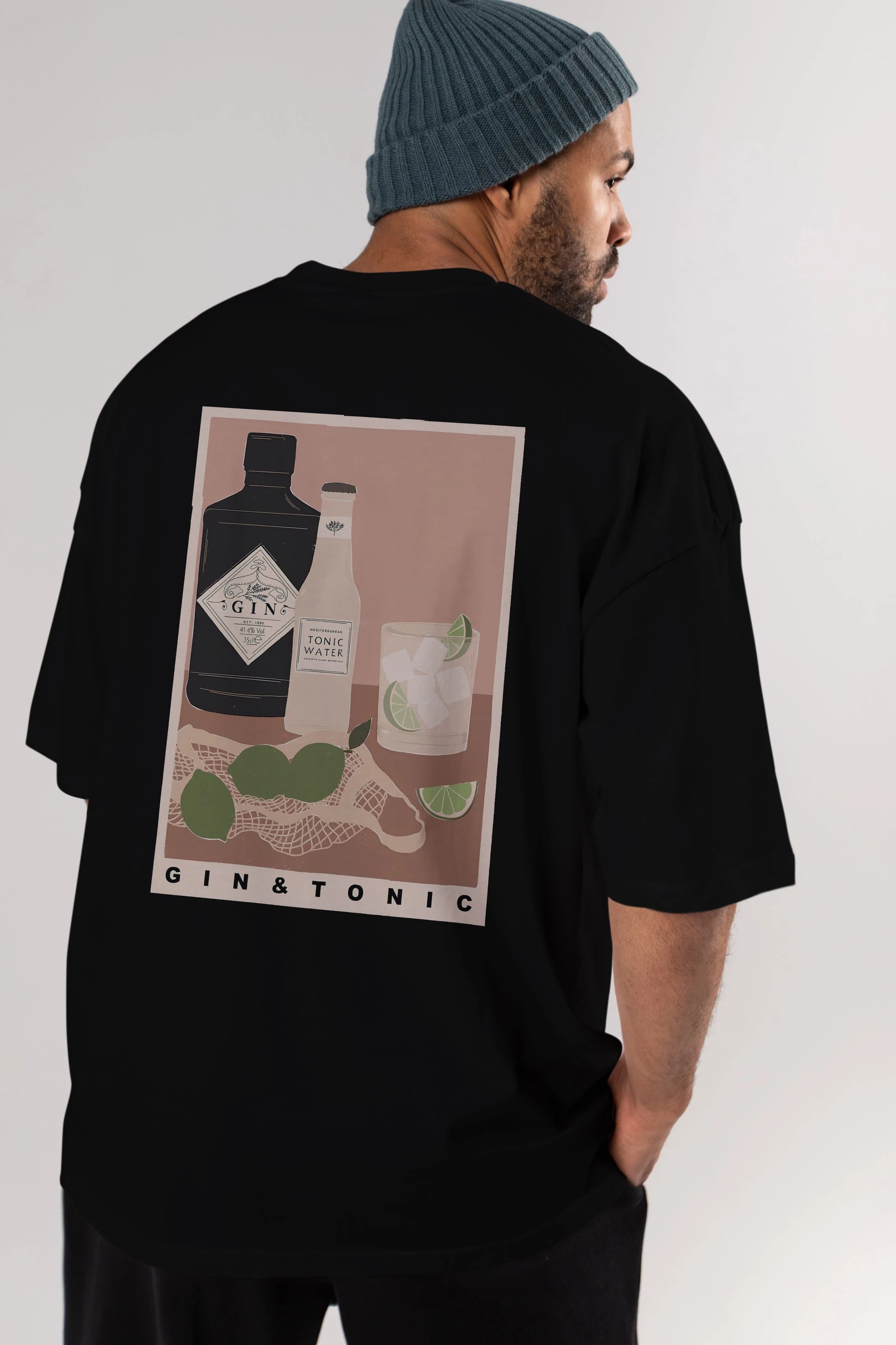 Gin Tonic Arka Baskılı Oversize t-shirt Erkek Kadın Unisex %100 Pamuk Bisiklet Yaka tişort