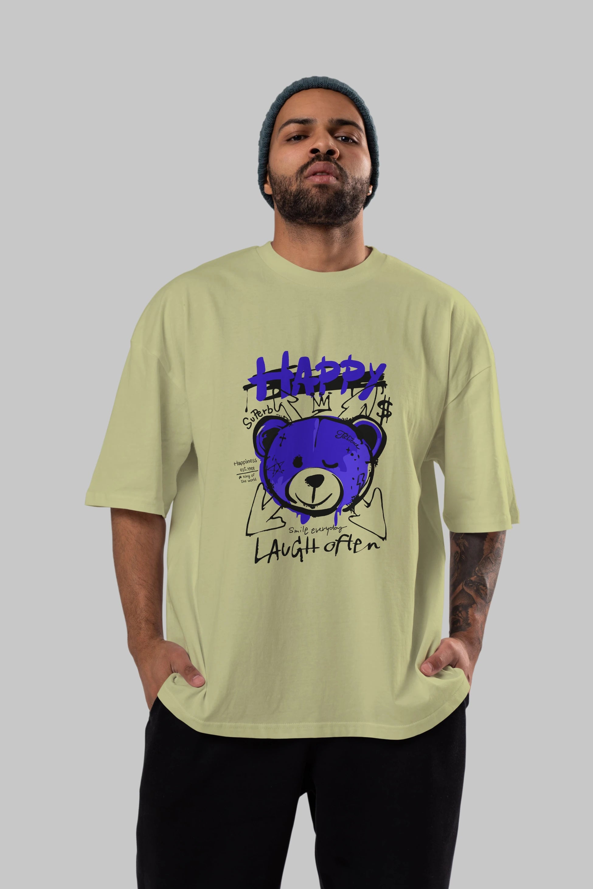 Happy Bear Ön Baskılı Oversize t-shirt Erkek Kadın Unisex