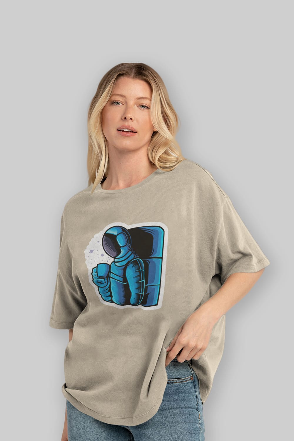 Drinking coffee in space sticker Ön Baskılı Oversize t-shirt Erkek Kadın Unisex