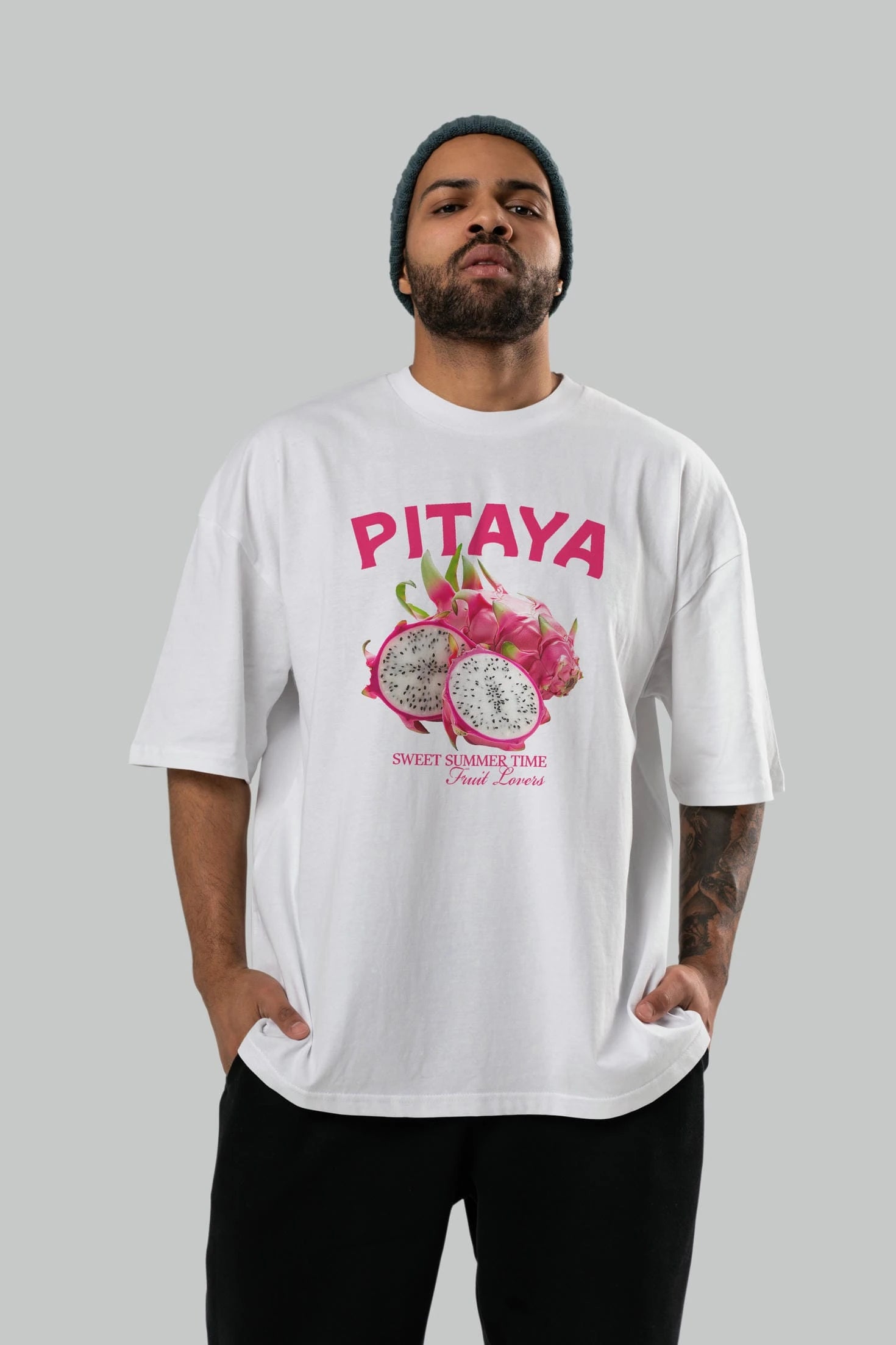 Pitaya Ön Baskılı Oversize t-shirt Erkek Kadın Pamuk Bisiklet Yaka tişort