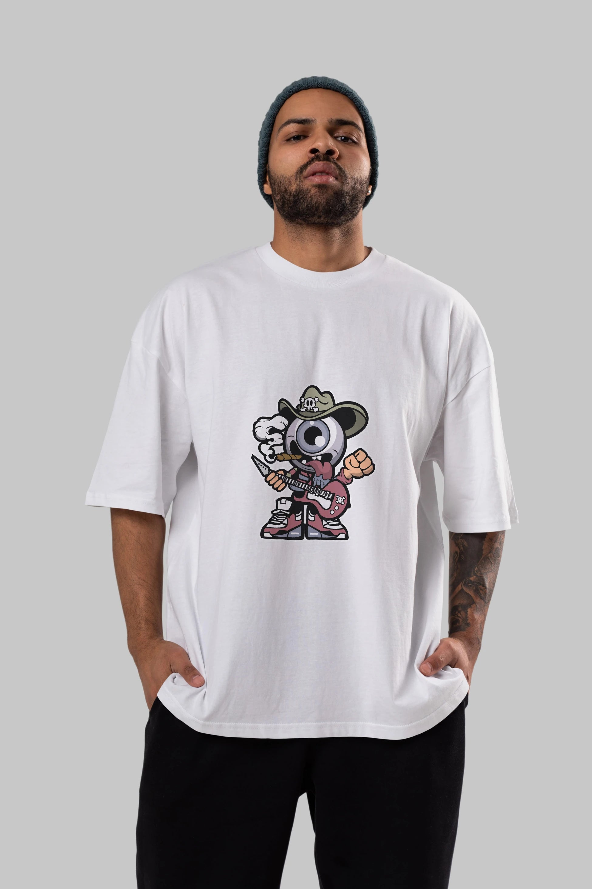 Eyeball Rockstar Cowboy Ön Baskılı Oversize t-shirt Erkek Kadın Unisex %100 Pamuk tişort