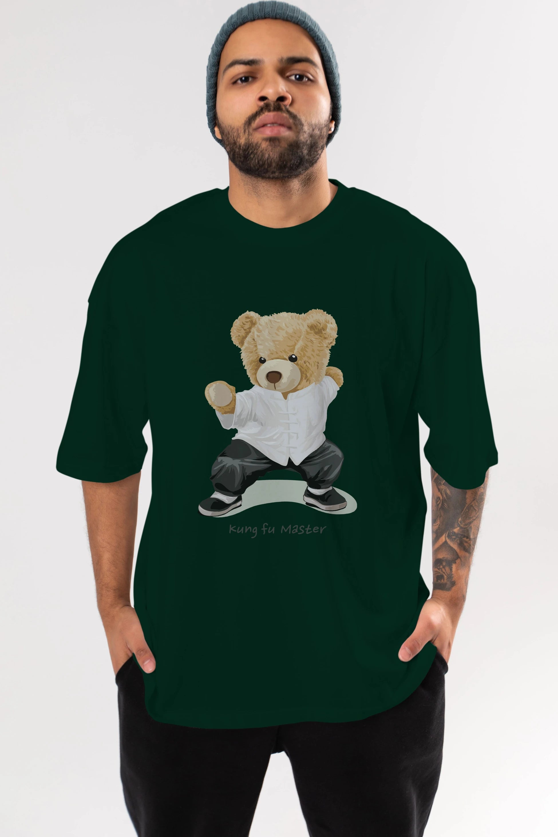 Teddy Bear Kung Fu Master Ön Baskılı Oversize t-shirt Erkek Kadın Unisex %100 Pamuk