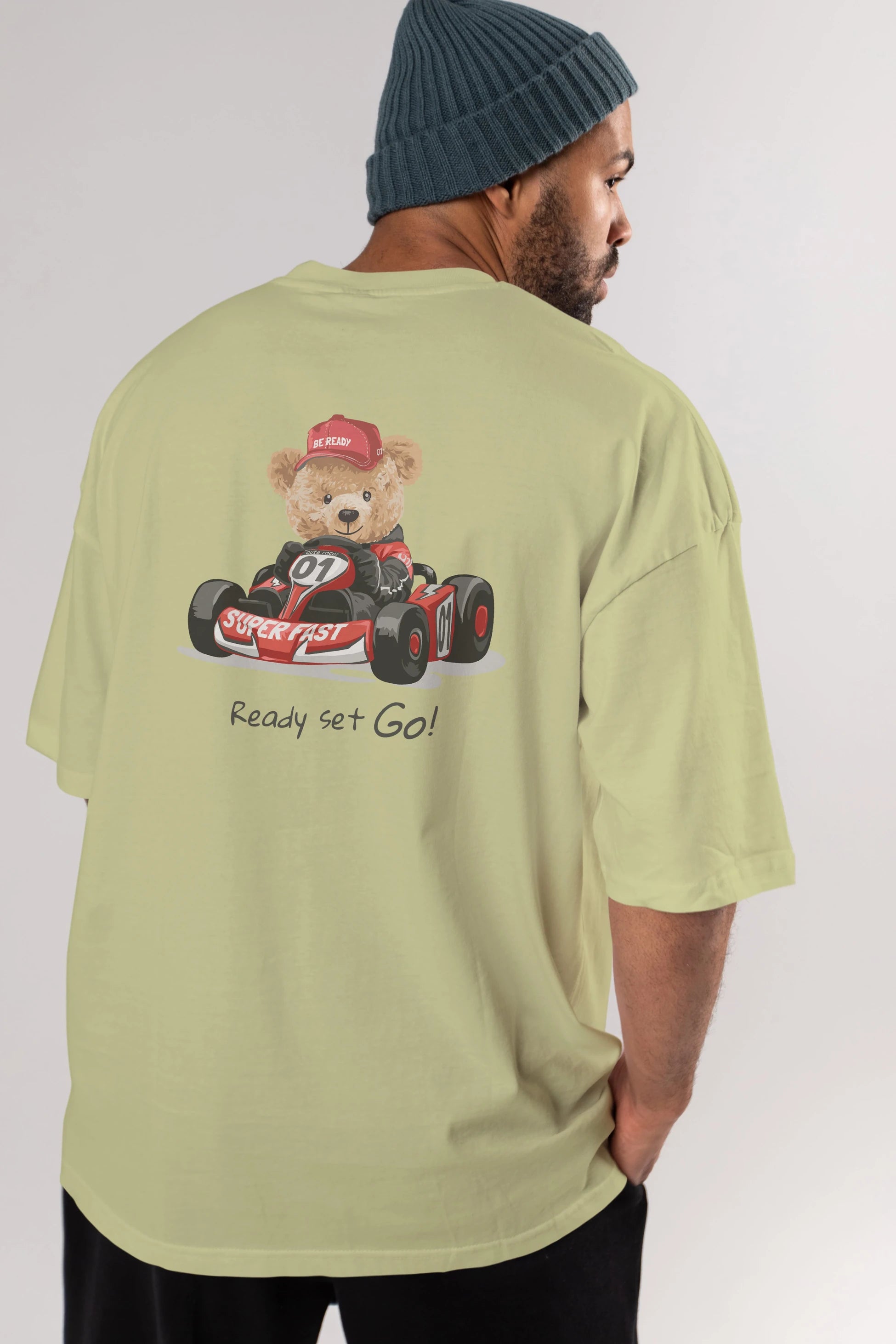 Teddy Bear Ready Set Go Arka Baskılı Oversize t-shirt Erkek Kadın Unisex %100 Pamuk