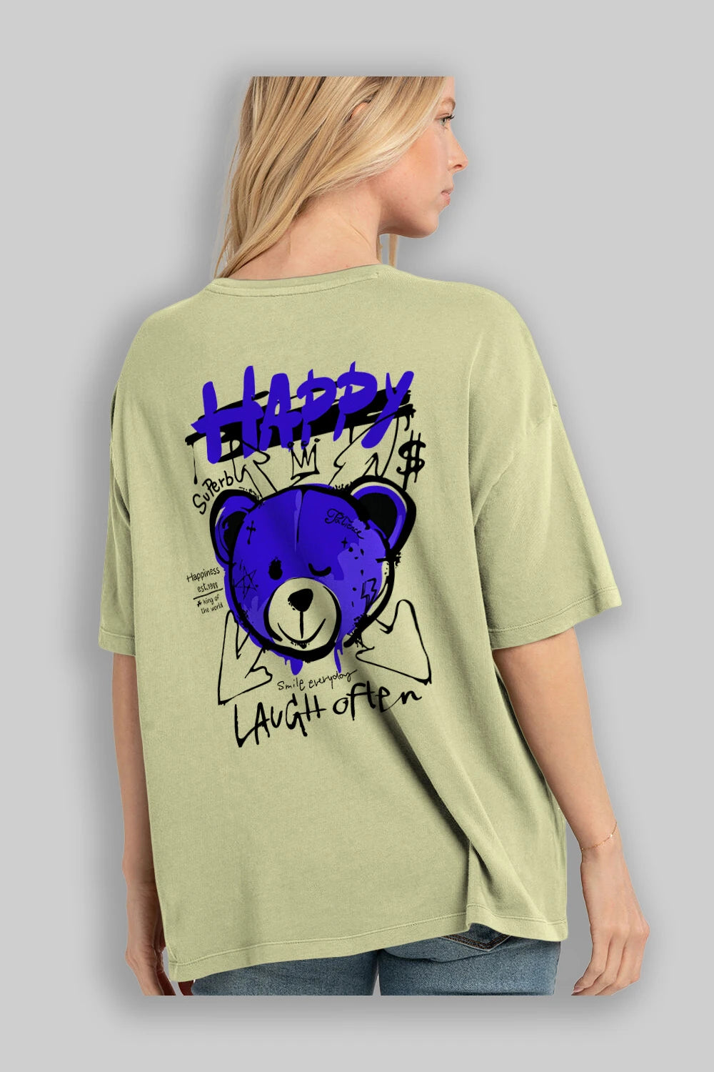 Happy Bear Arka Baskılı Oversize t-shirt Erkek Kadın Unisex