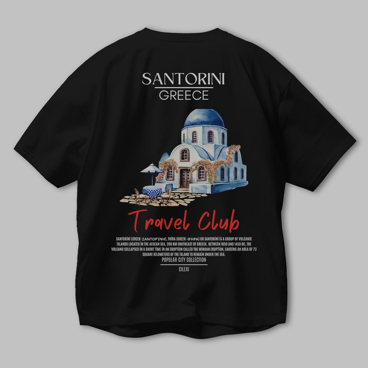 Santorini Greece Arka Baskılı Oversize t-shirt Erkek Kadın Pamuk Bisiklet Yaka tişort