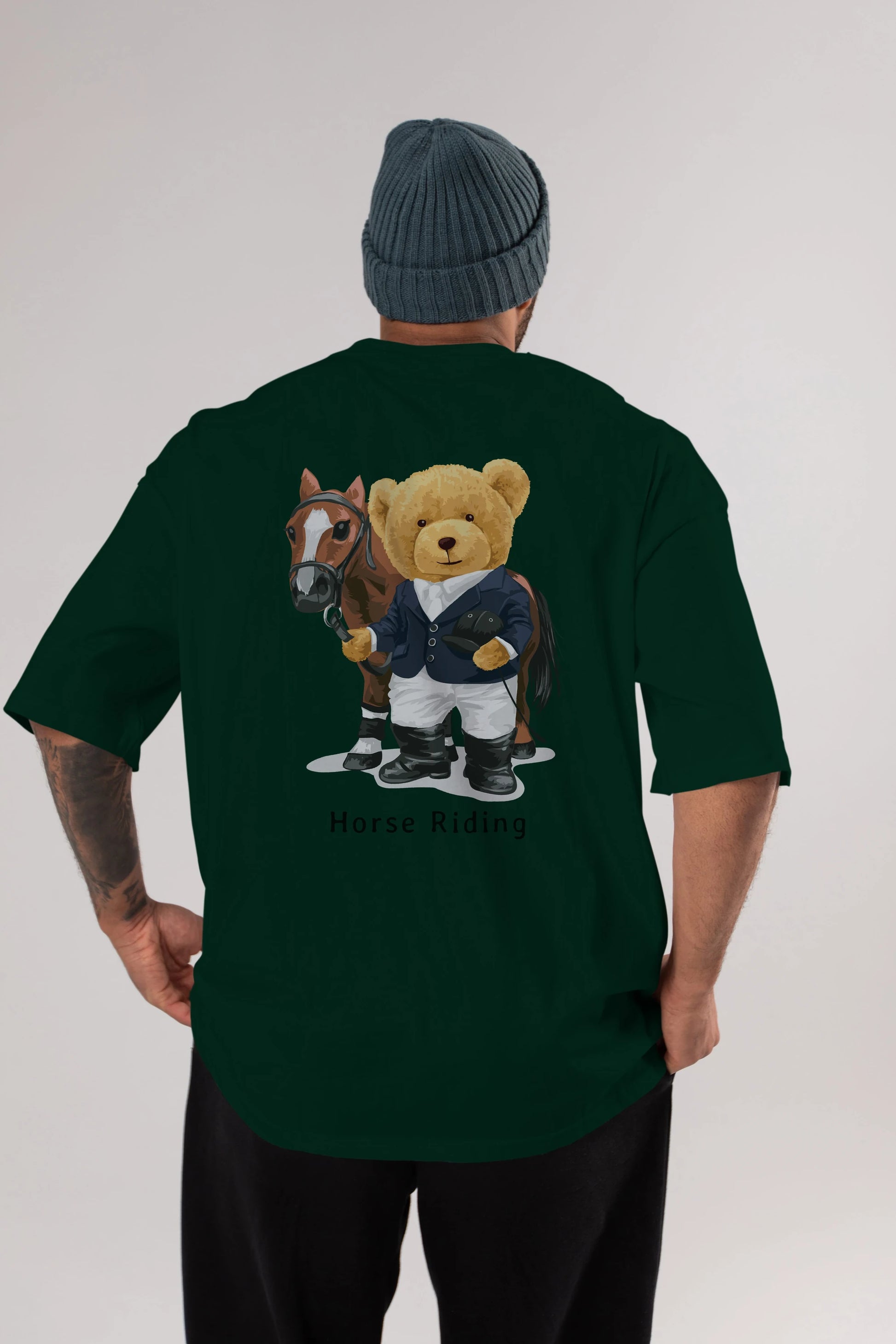 Teddy Bear Horse Riding Arka Baskılı Oversize t-shirt Erkek Kadın Unisex %100 Pamuk