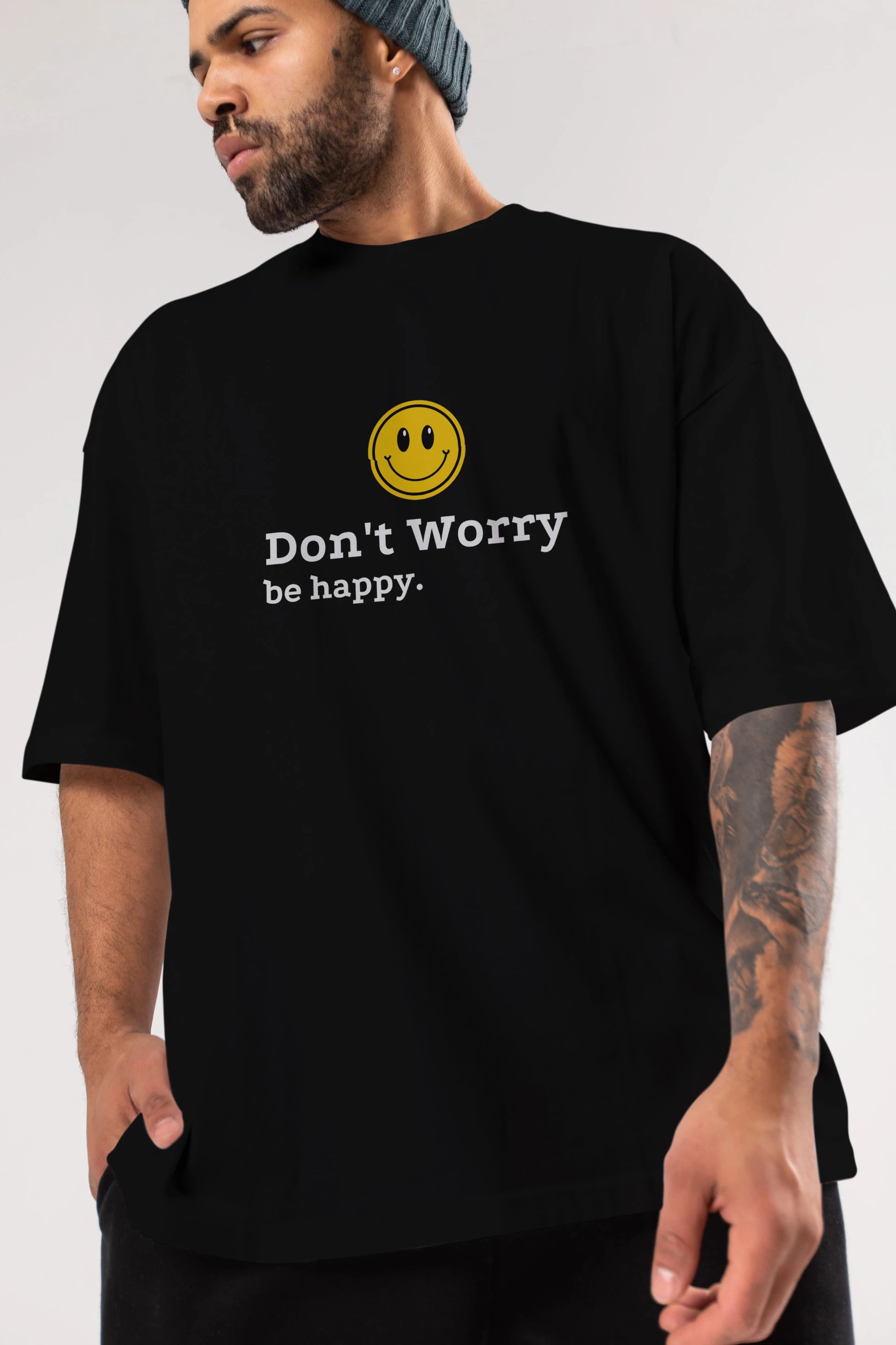 Don't Worry Be Happy Yazılı Ön Baskılı Oversize t-shirt Erkek Kadın Unisex
