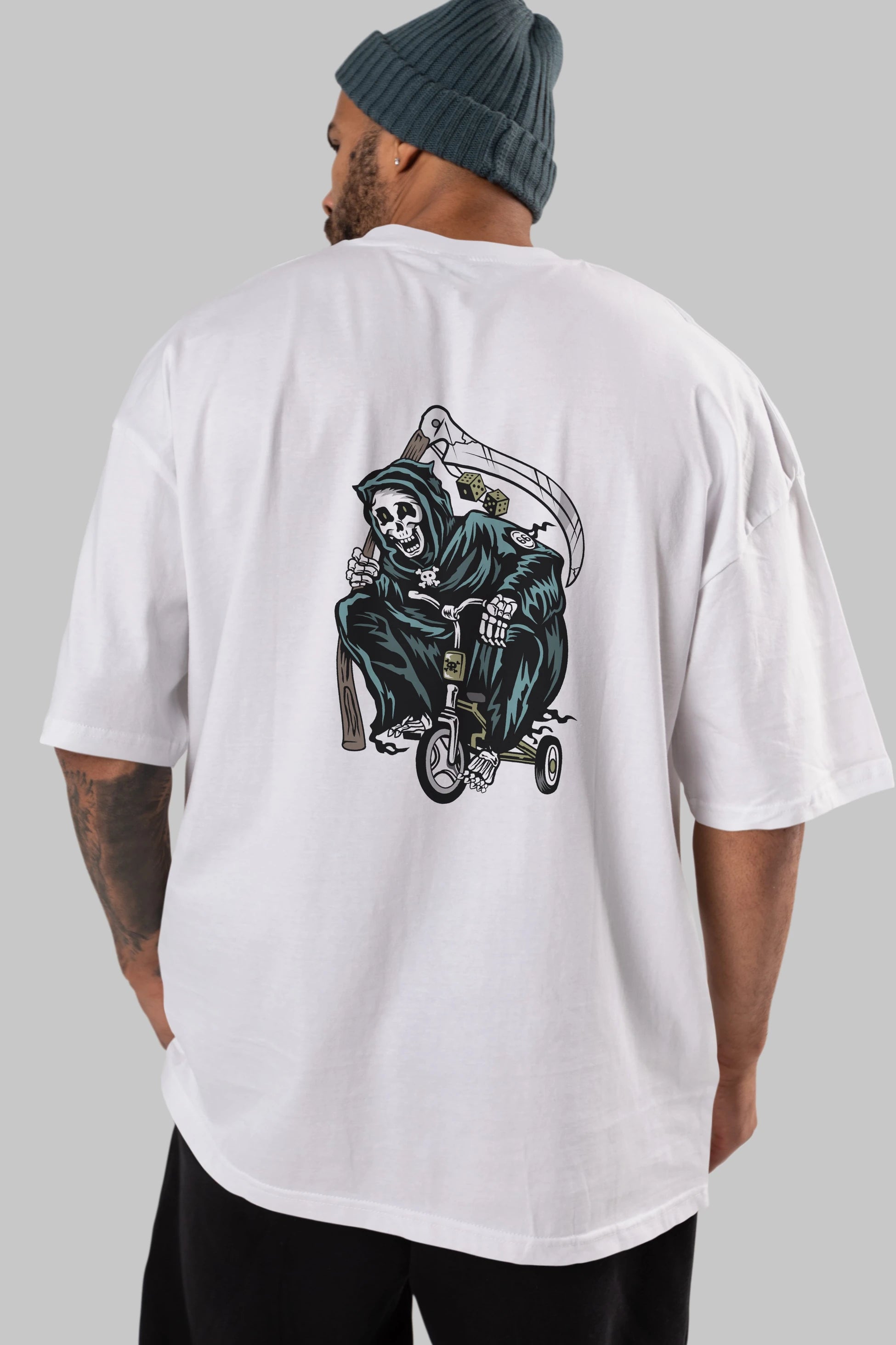 Grim Reaper Bicycle Arka Baskılı Oversize t-shirt Erkek Kadın Unisex %100 Pamuk tişort