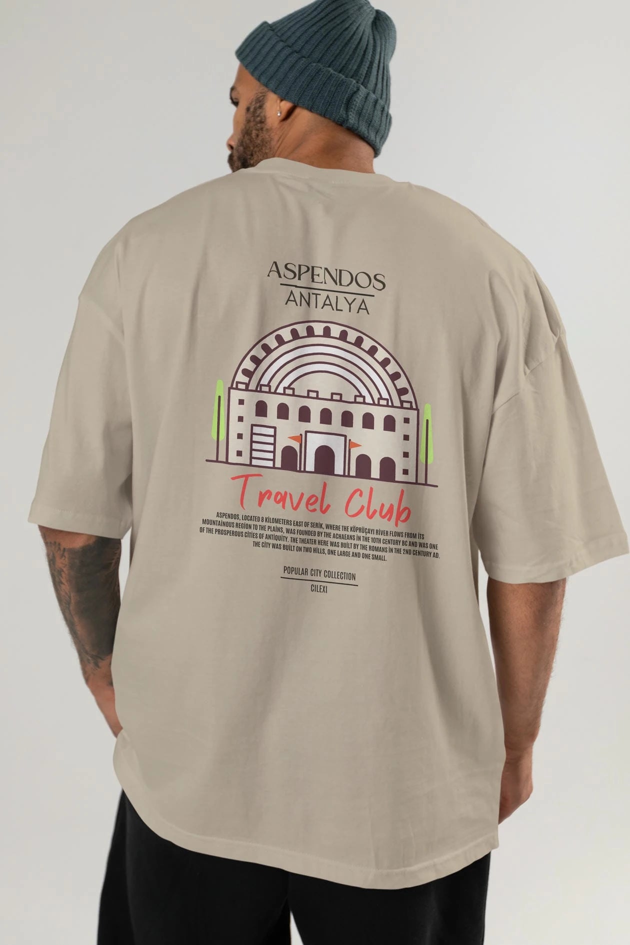 Aspendos Antalya Arka Baskılı Oversize t-shirt Erkek Kadın Pamuk Bisiklet Yaka tişort