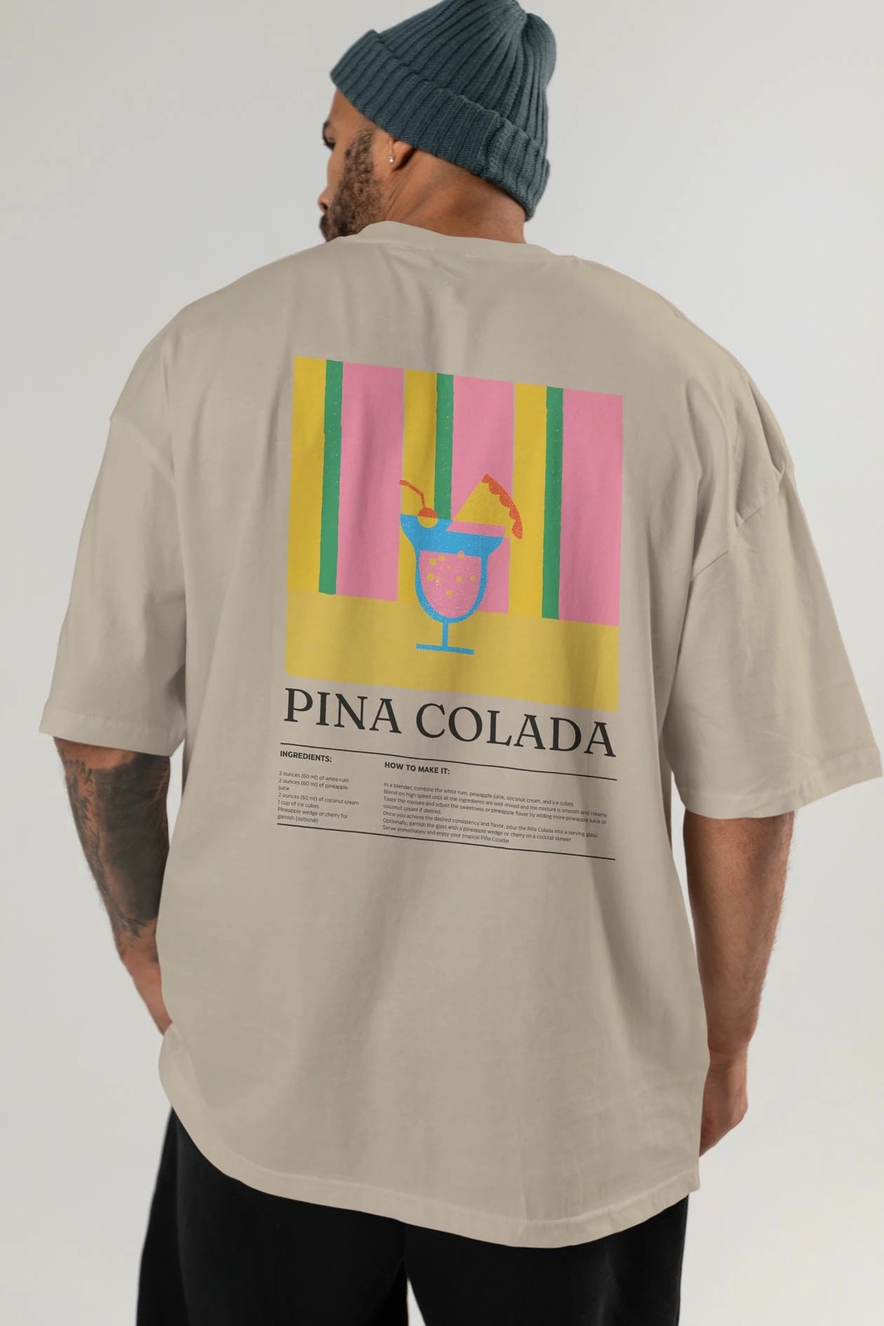 Pina Colada Kokteyl Serisi Arka Baskılı Oversize t-shirt Erkek Kadın %100 Pamuk Bisiklet Yaka tişort