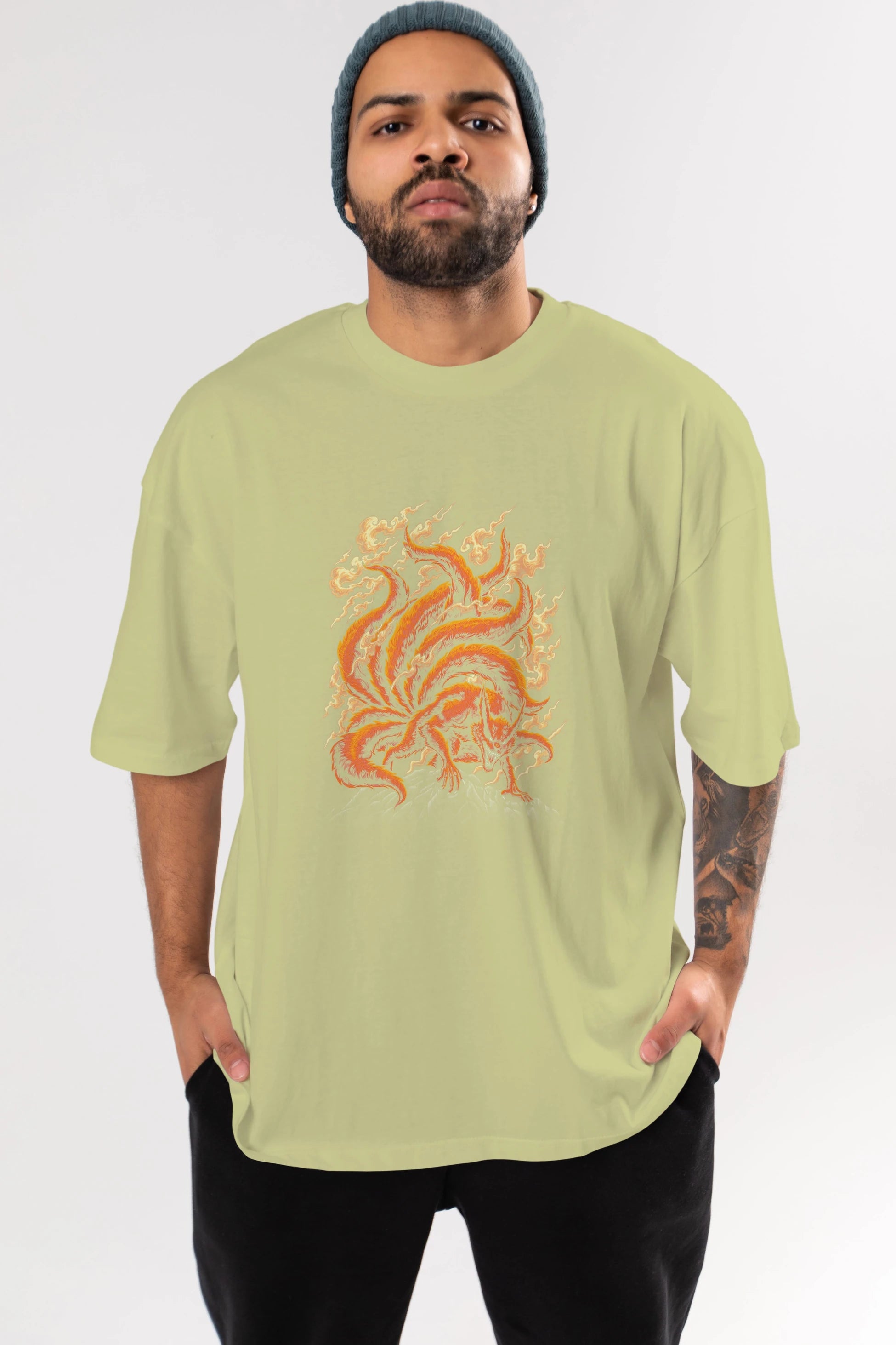 NARUTO KYUUBI Anime Ön Baskılı Oversize t-shirt %100 pamuk Erkek Kadın Unisex