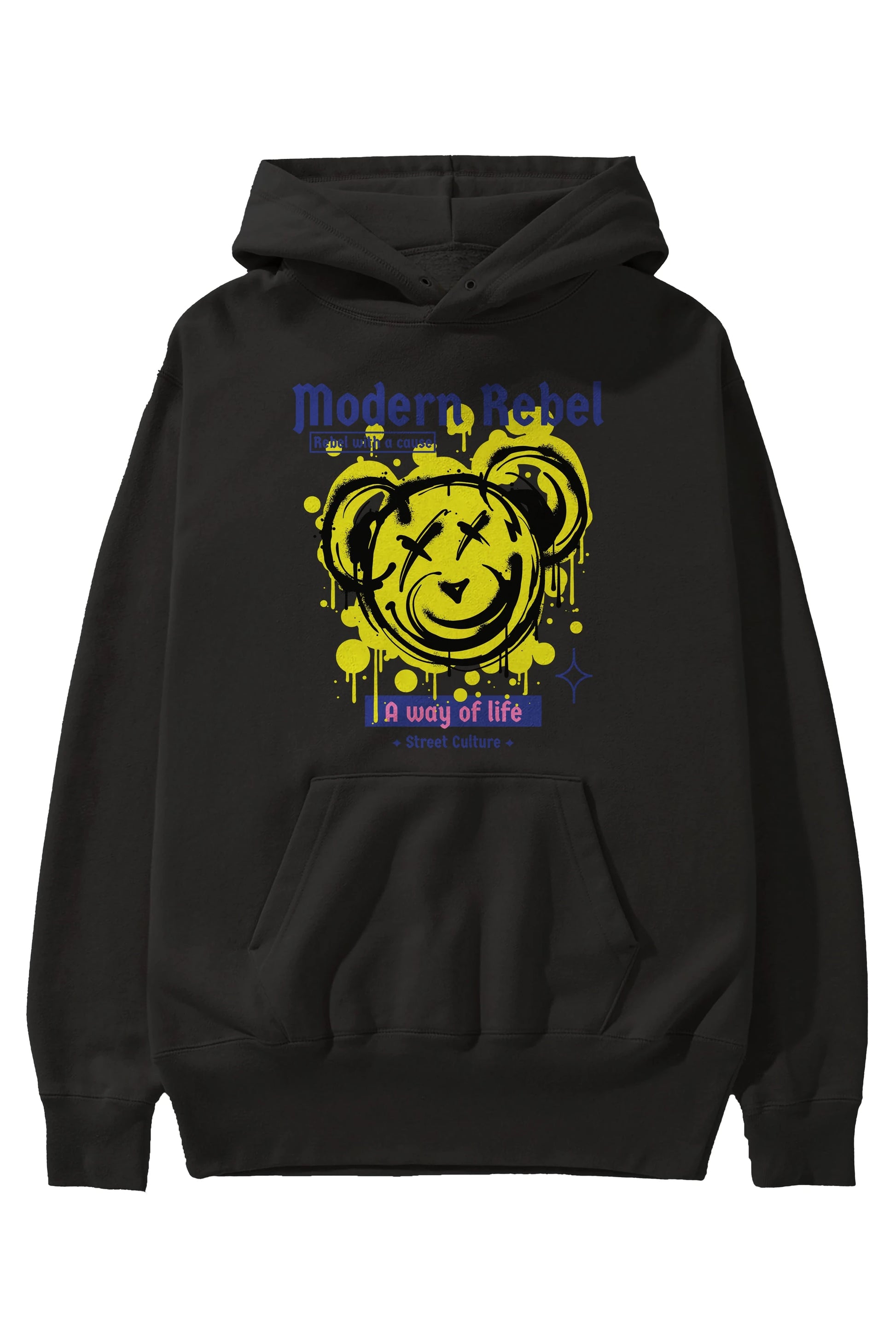 Modern Rebel Bear Ön Baskılı Hoodie Oversize Kapüşonlu Sweatshirt Erkek Kadın Unisex